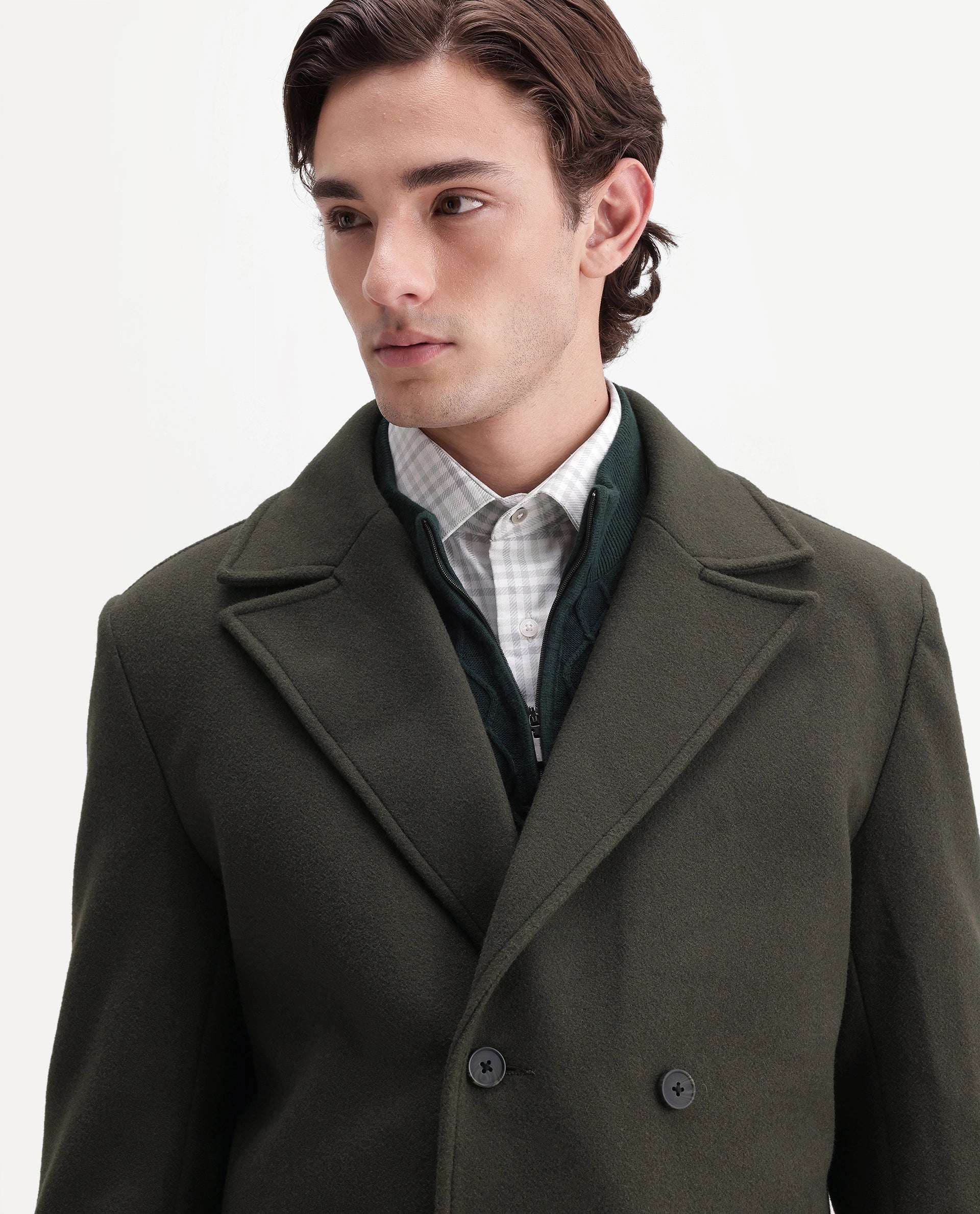 Rare Rabbit Men's Ryan Olive Polyester Blend Lapel Neck Button Regular Plain Jacket
