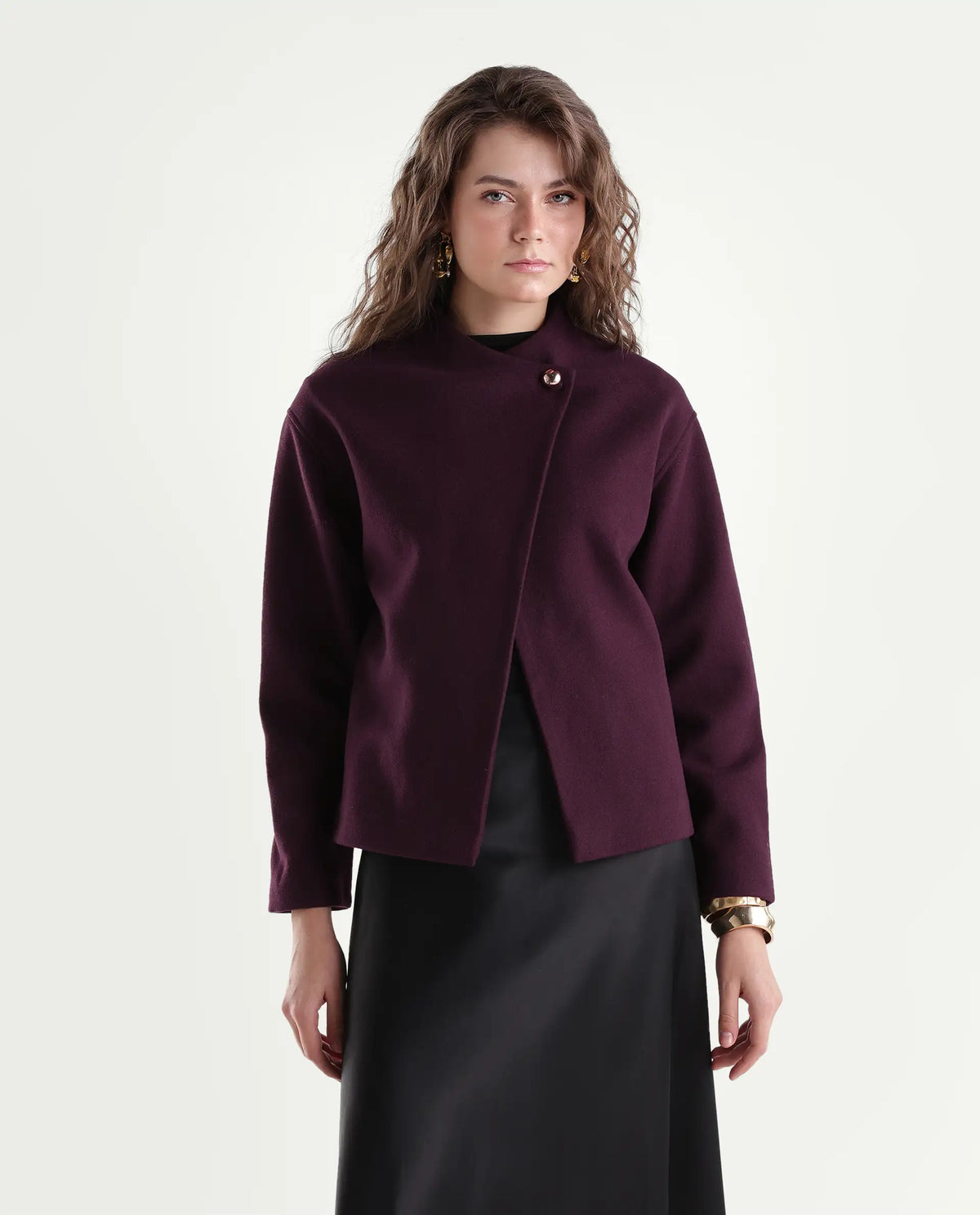 Rareism Women's Kyntra Dark Maroon Polyester Blend Over Lap Button Regular Plain Jacket