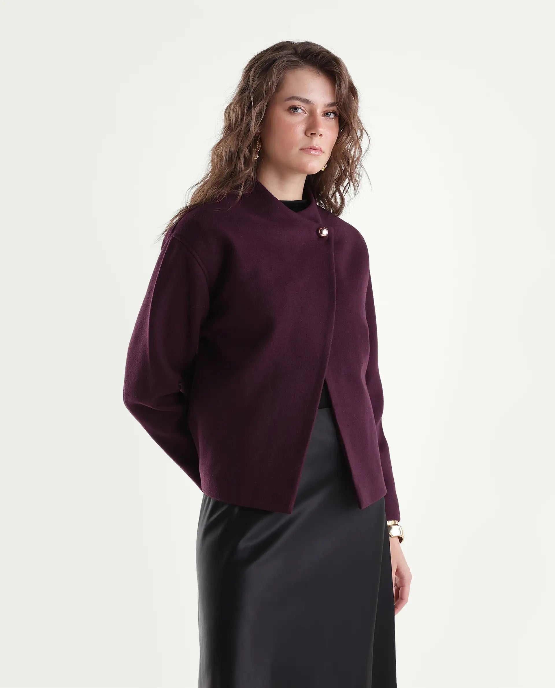 Rareism Women's Kyntra Dark Maroon Polyester Blend Over Lap Button Regular Plain Jacket