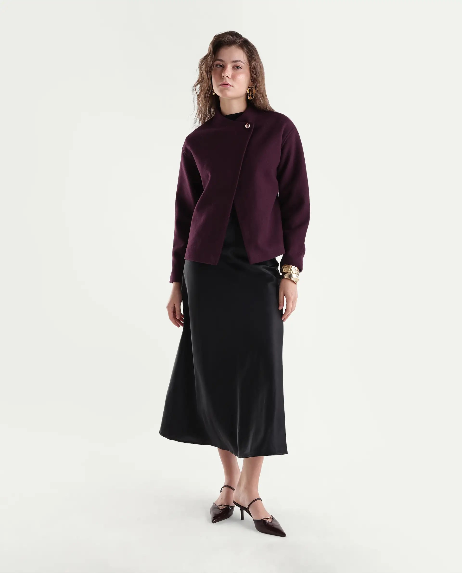 Rareism Women's Kyntra Dark Maroon Polyester Blend Over Lap Button Regular Plain Jacket