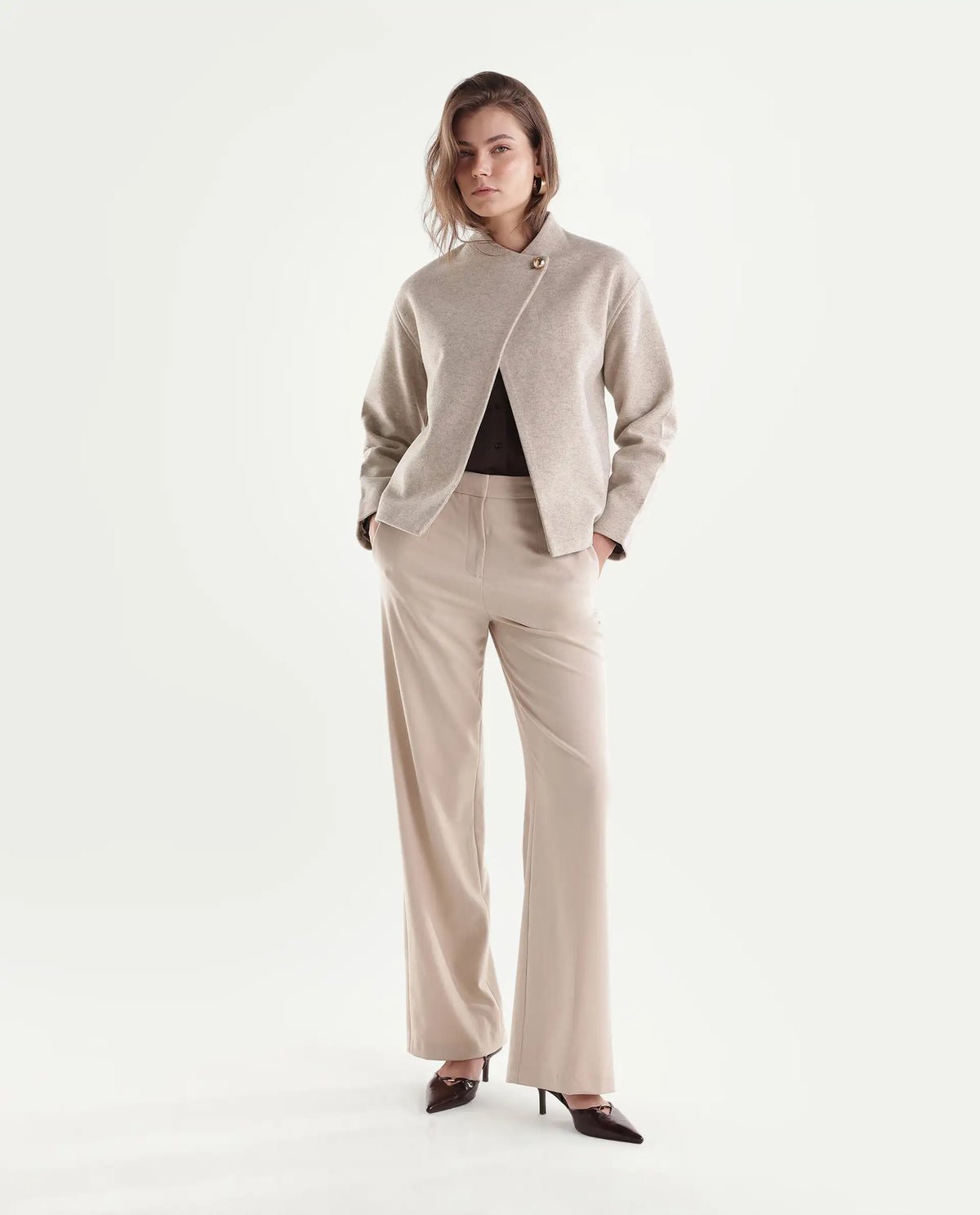 Rareism Women's Kyntra Beige Polyester Blend Over Lap Button Regular Plain Jacket