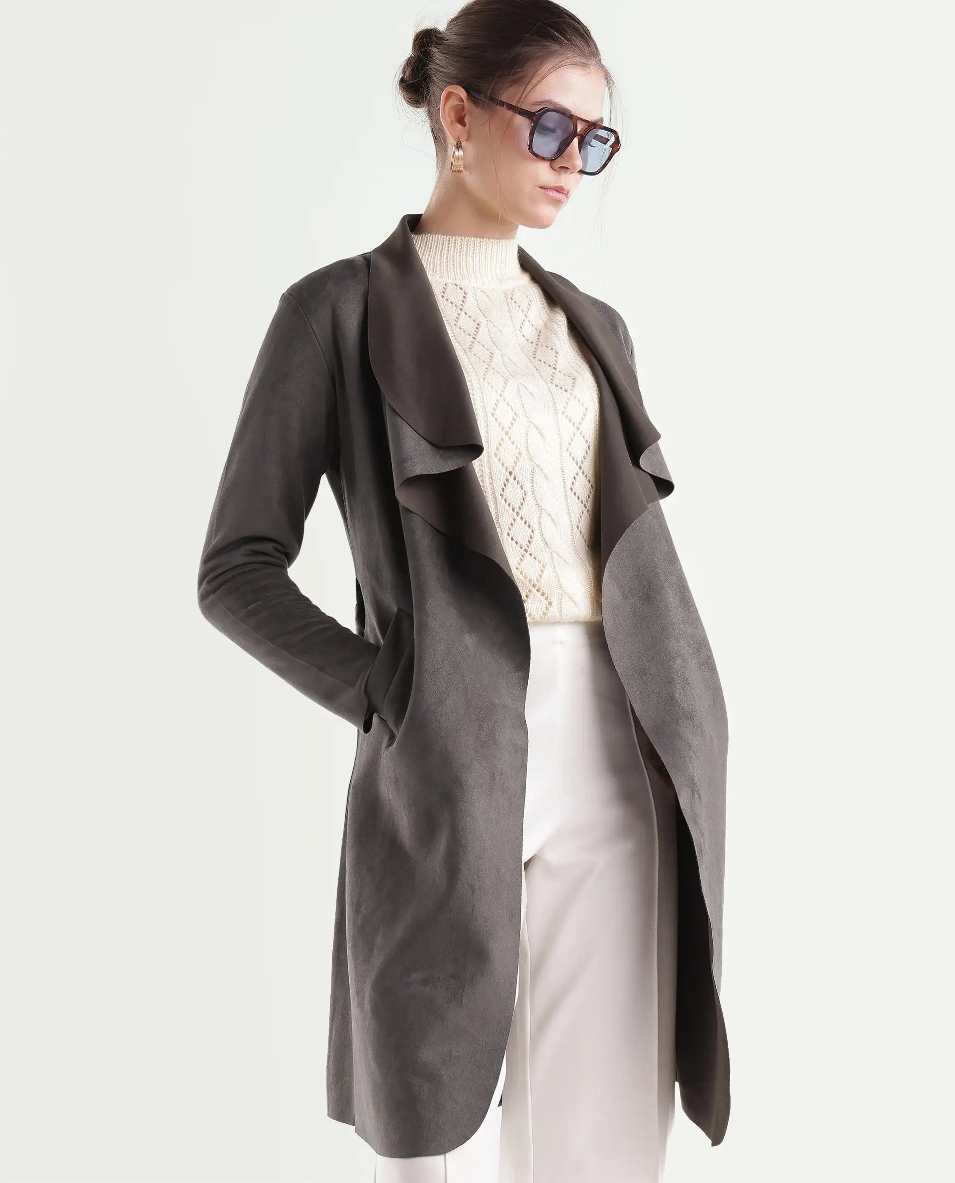 Rareism Women's Palmeraw26 Dusky Brown Polyester Blend Waterfall Relaxed Plain Coat