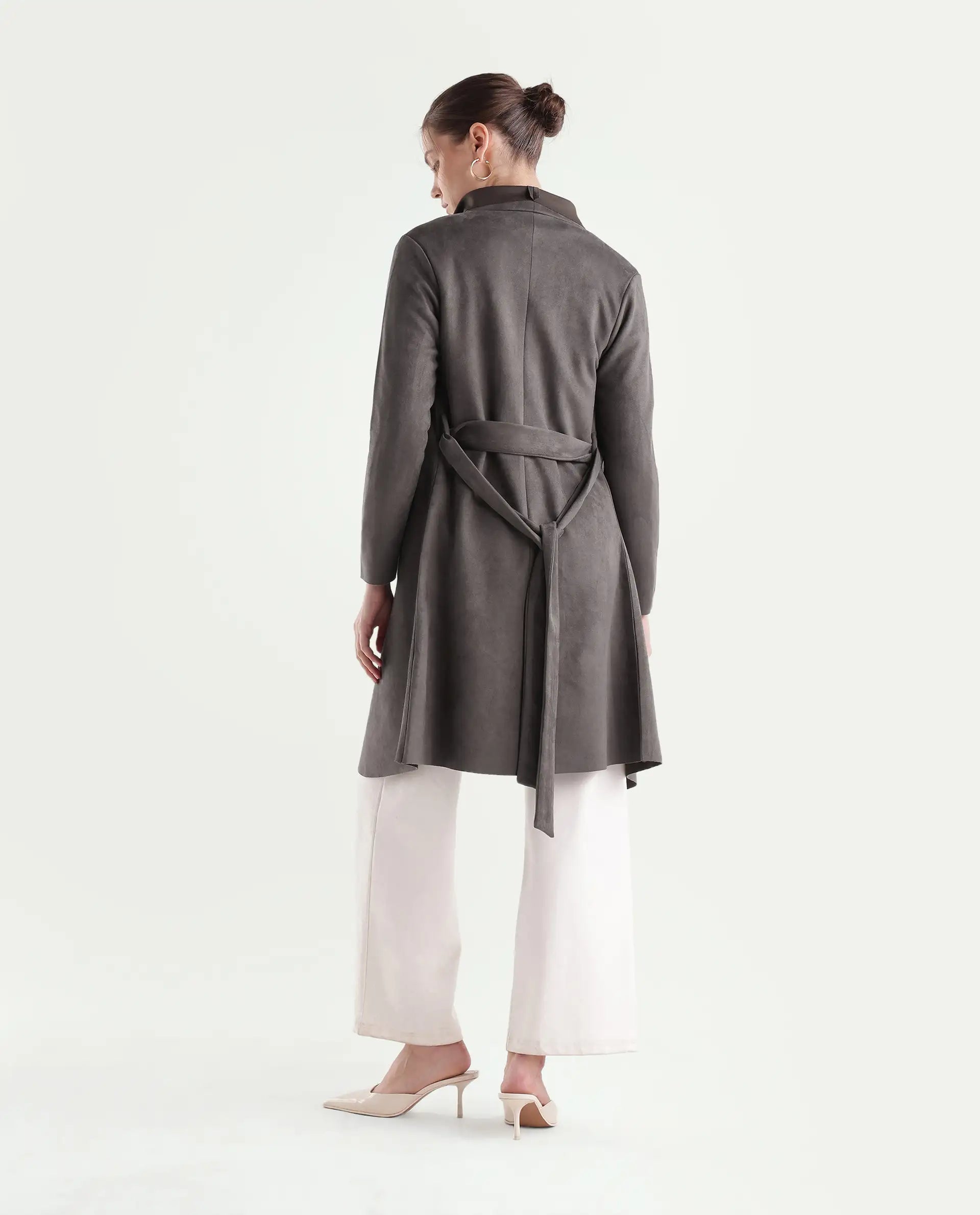 Rareism Women's Palmeraw26 Dusky Brown Polyester Blend Waterfall Relaxed Plain Coat