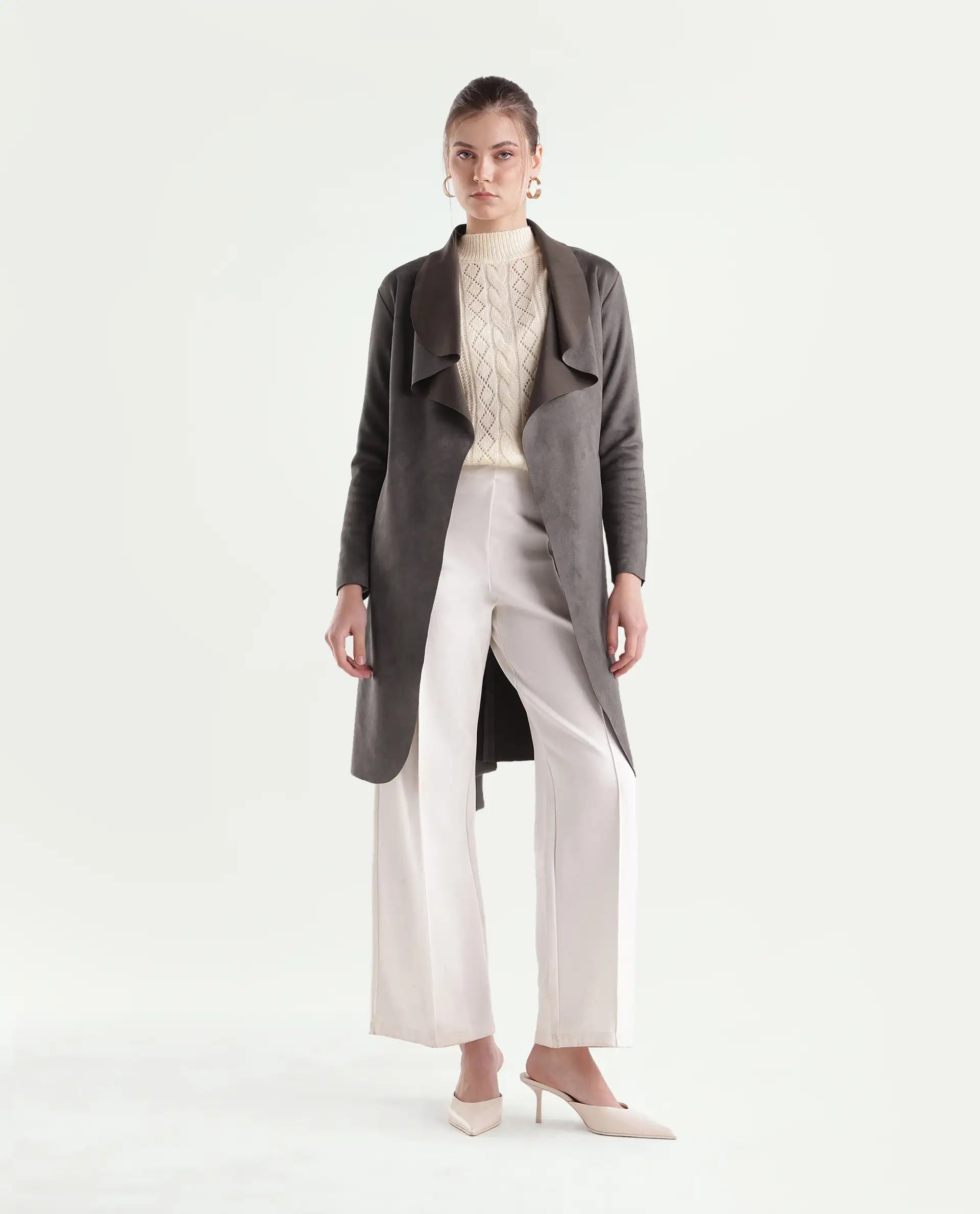 Rareism Women's Palmeraw26 Dusky Brown Polyester Blend Waterfall Relaxed Plain Coat