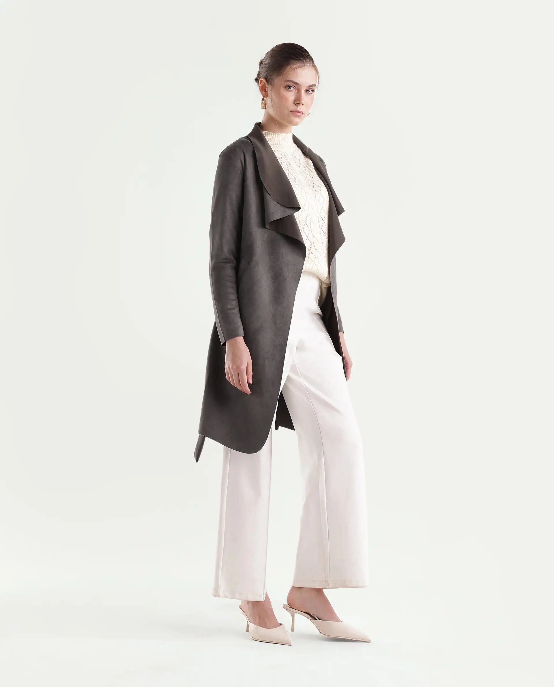 Rareism Women's Palmeraw26 Dusky Brown Polyester Blend Waterfall Relaxed Plain Coat