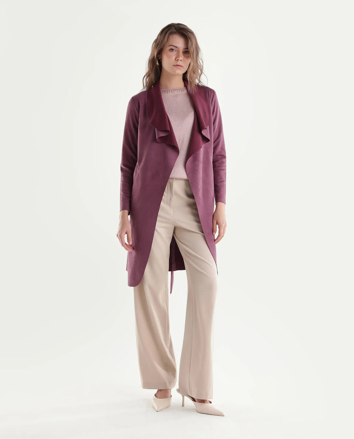 Rareism Women's Palmeraw26 Dark Pink Polyester Blend Waterfall Relaxed Plain Coat