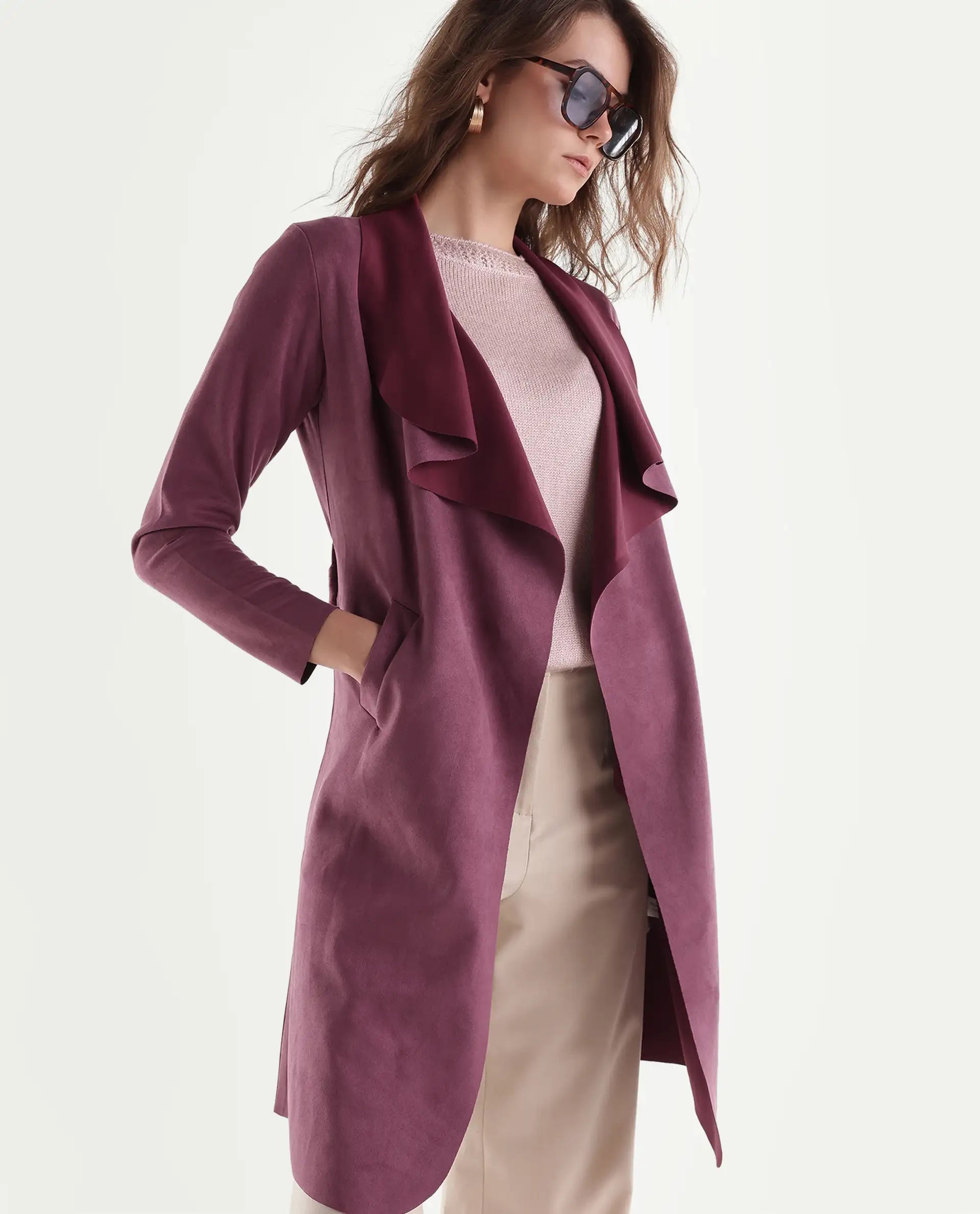 Rareism Women's Palmeraw26 Dark Pink Polyester Blend Waterfall Relaxed Plain Coat