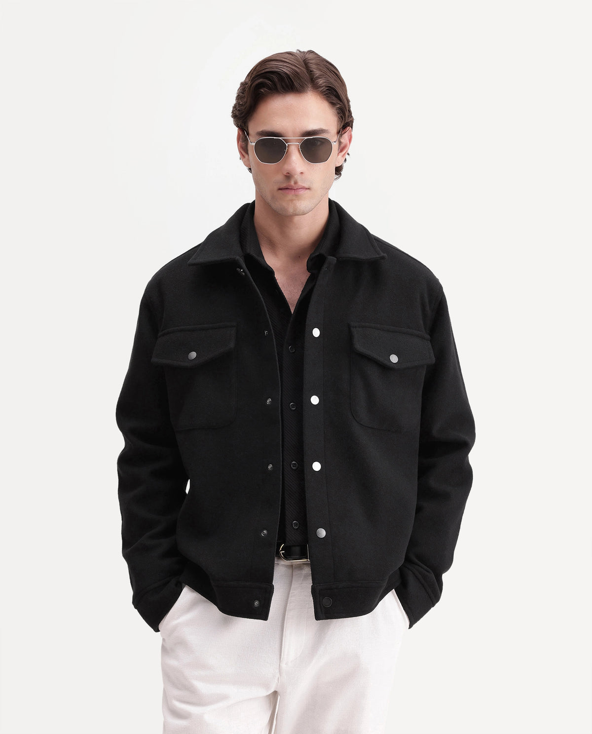 Rare Rabbit Men's Tweedo-26 Black Polyester Spread Collar Snap Regular Plain Jacket