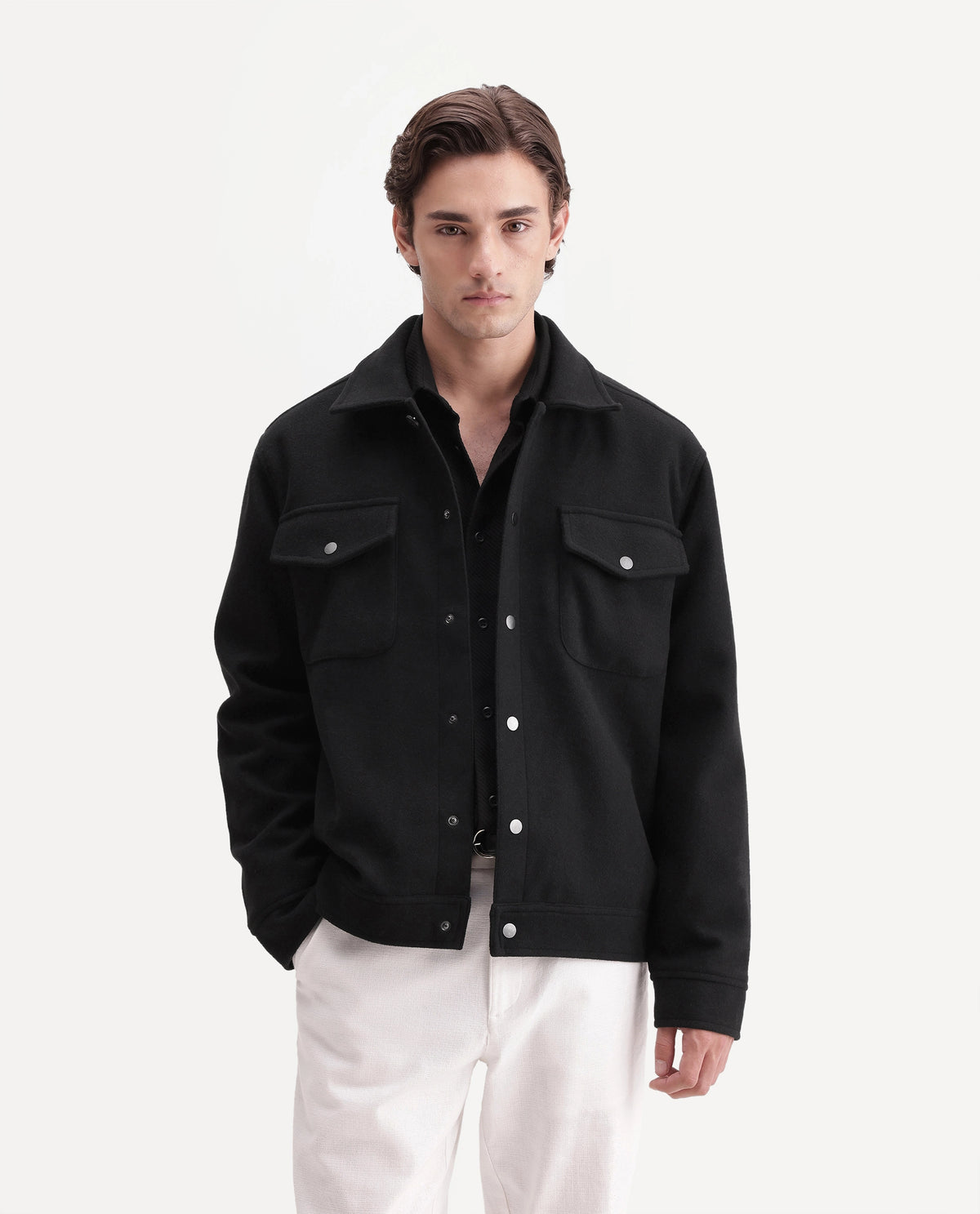 Rare Rabbit Men's Tweedo-26 Black Polyester Spread Collar Snap Regular Plain Jacket