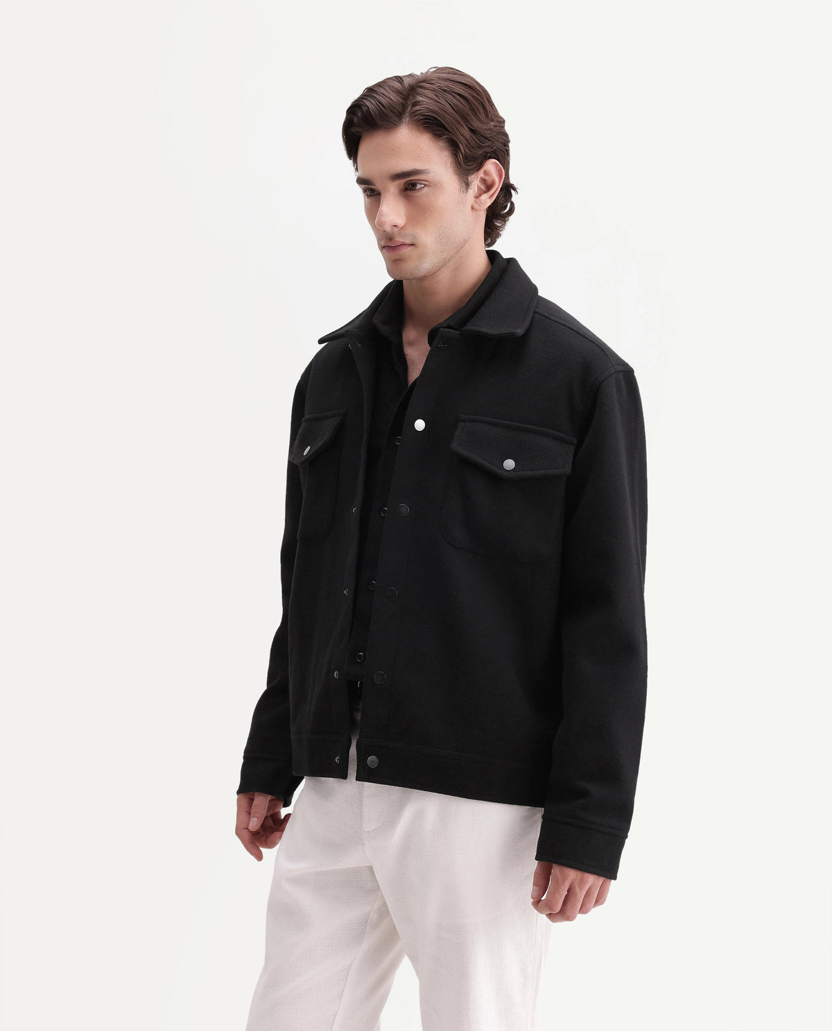 Rare Rabbit Men's Tweedo-26 Black Polyester Spread Collar Snap Regular Plain Jacket