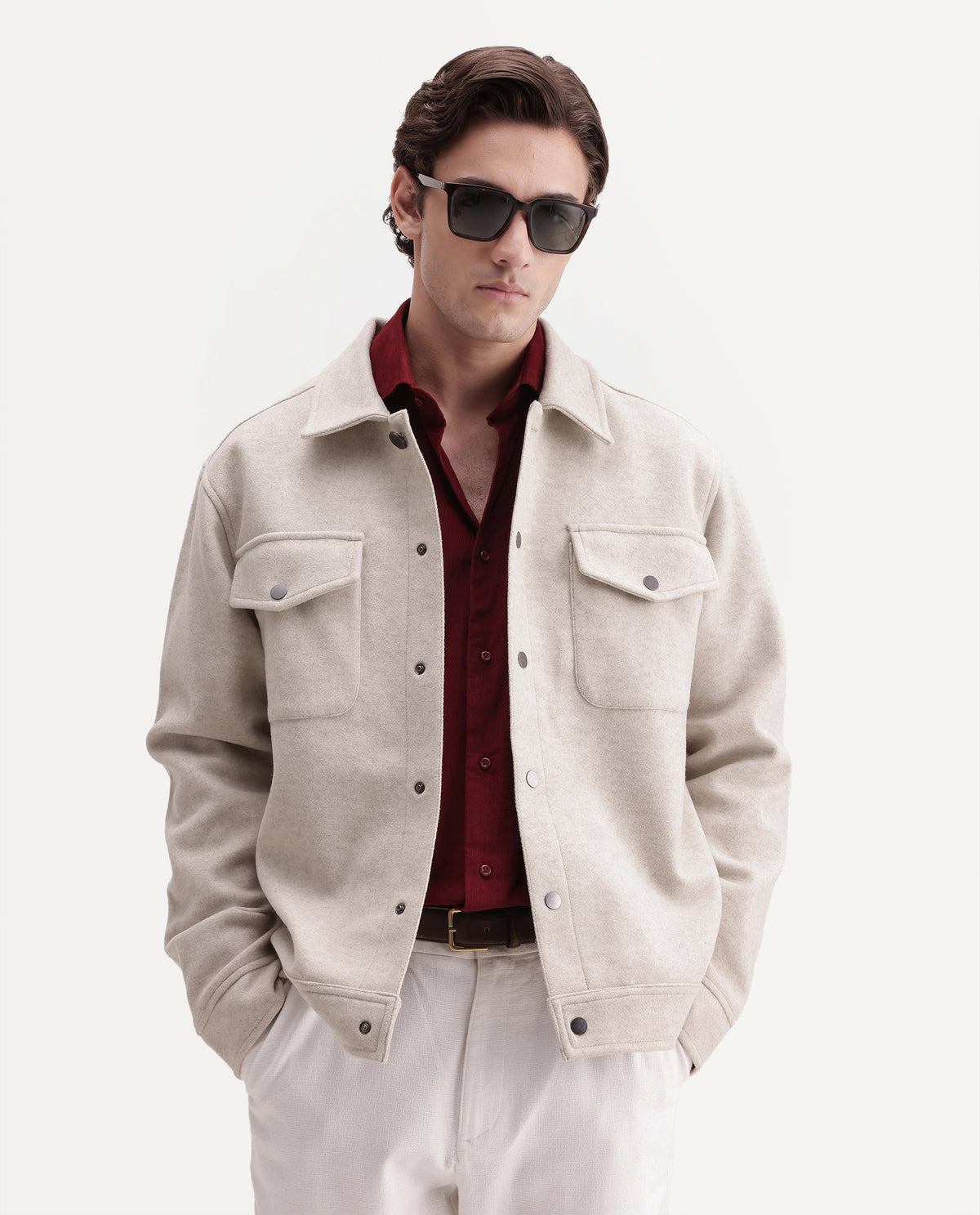 Rare Rabbit Men's Tweedo-26 Dark Beige Polyester Spread Collar Snap Regular Plain Jacket