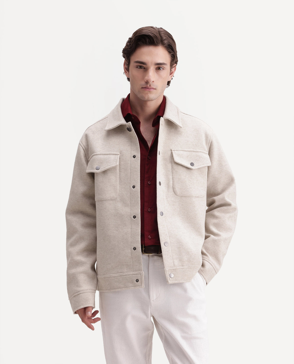 Rare Rabbit Men's Tweedo-26 Dark Beige Polyester Spread Collar Snap Regular Plain Jacket