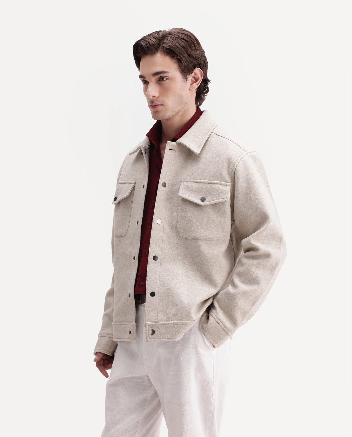 Rare Rabbit Men's Tweedo-26 Dark Beige Polyester Spread Collar Snap Regular Plain Jacket