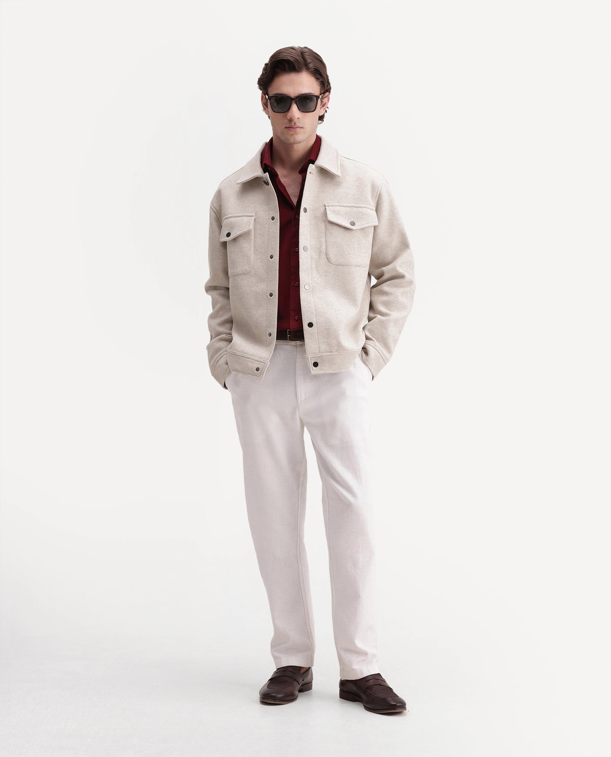 Rare Rabbit Men's Tweedo-26 Dark Beige Polyester Spread Collar Snap Regular Plain Jacket
