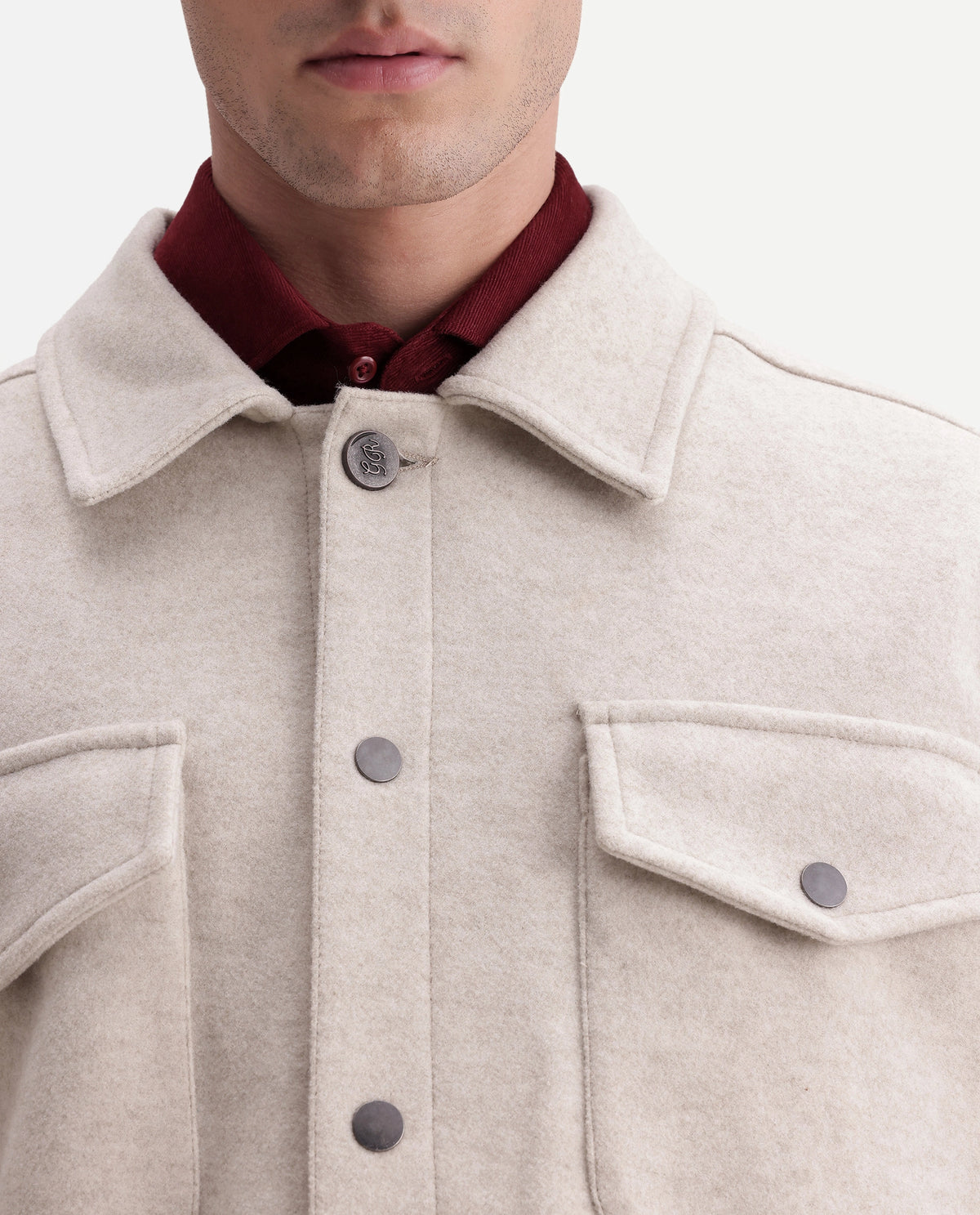 Rare Rabbit Men's Tweedo-26 Dark Beige Polyester Spread Collar Snap Regular Plain Jacket