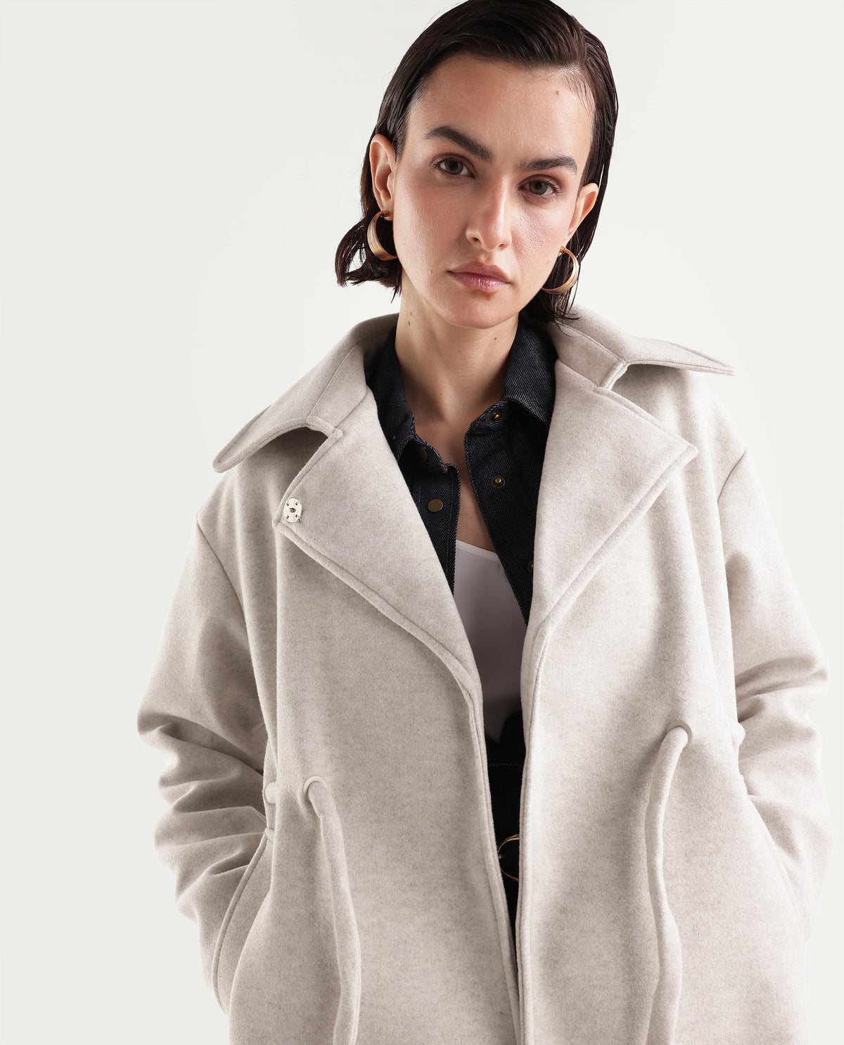 Rareism Women's Nittizaw26 Off White Polyester Blend Lapel Neck Snap Button Regular Plain Jacket - image 1