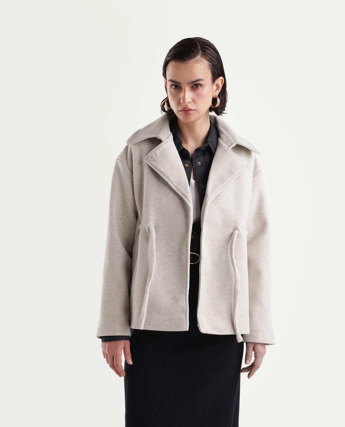 Rareism Women's Nittizaw26 Off White Polyester Blend Lapel Neck Snap Button Regular Plain Jacket - image 3
