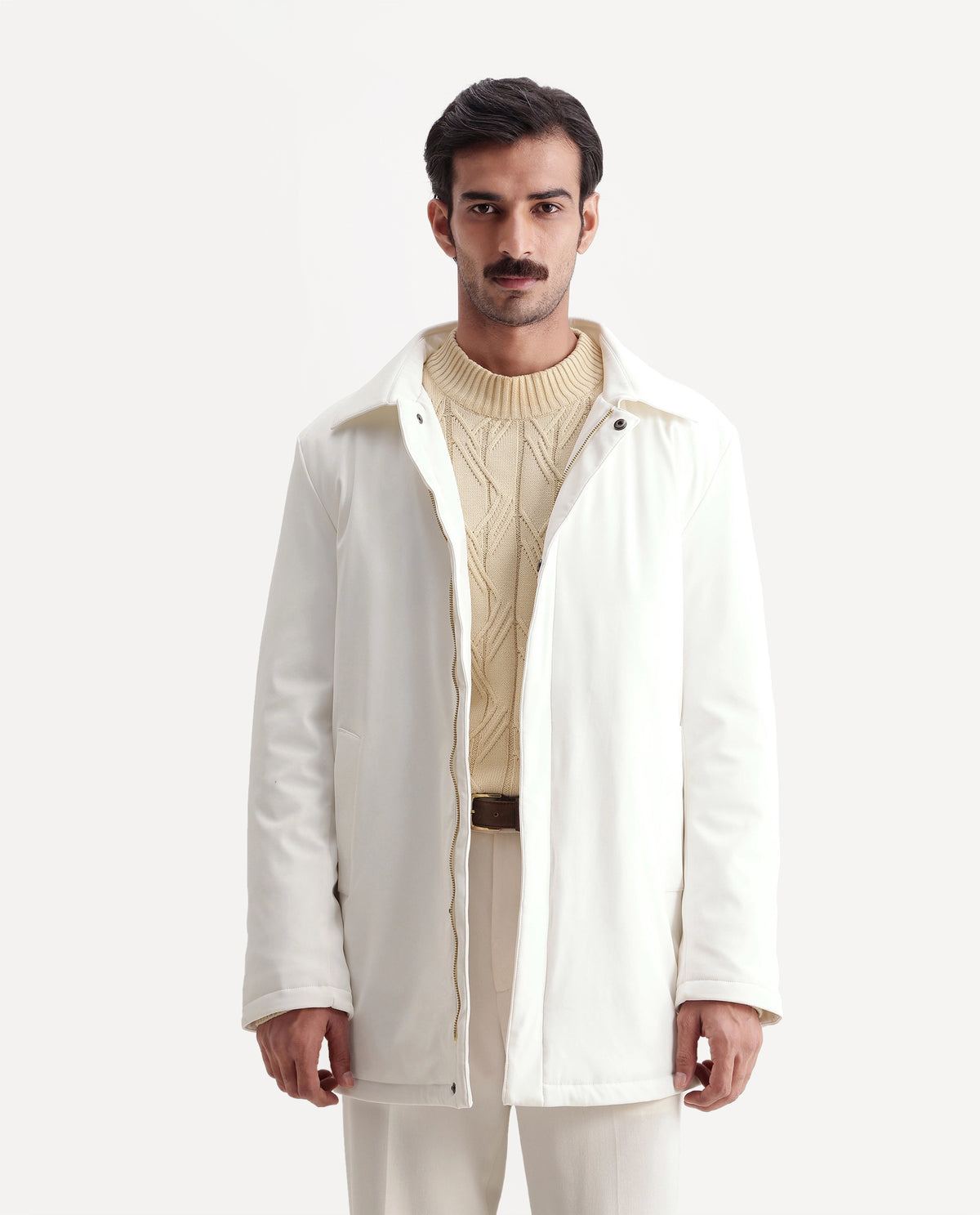 Rare Rabbit Men's Liemo Off White Polyester Spread Collar Snap Button Regular Plain Coat - image 1