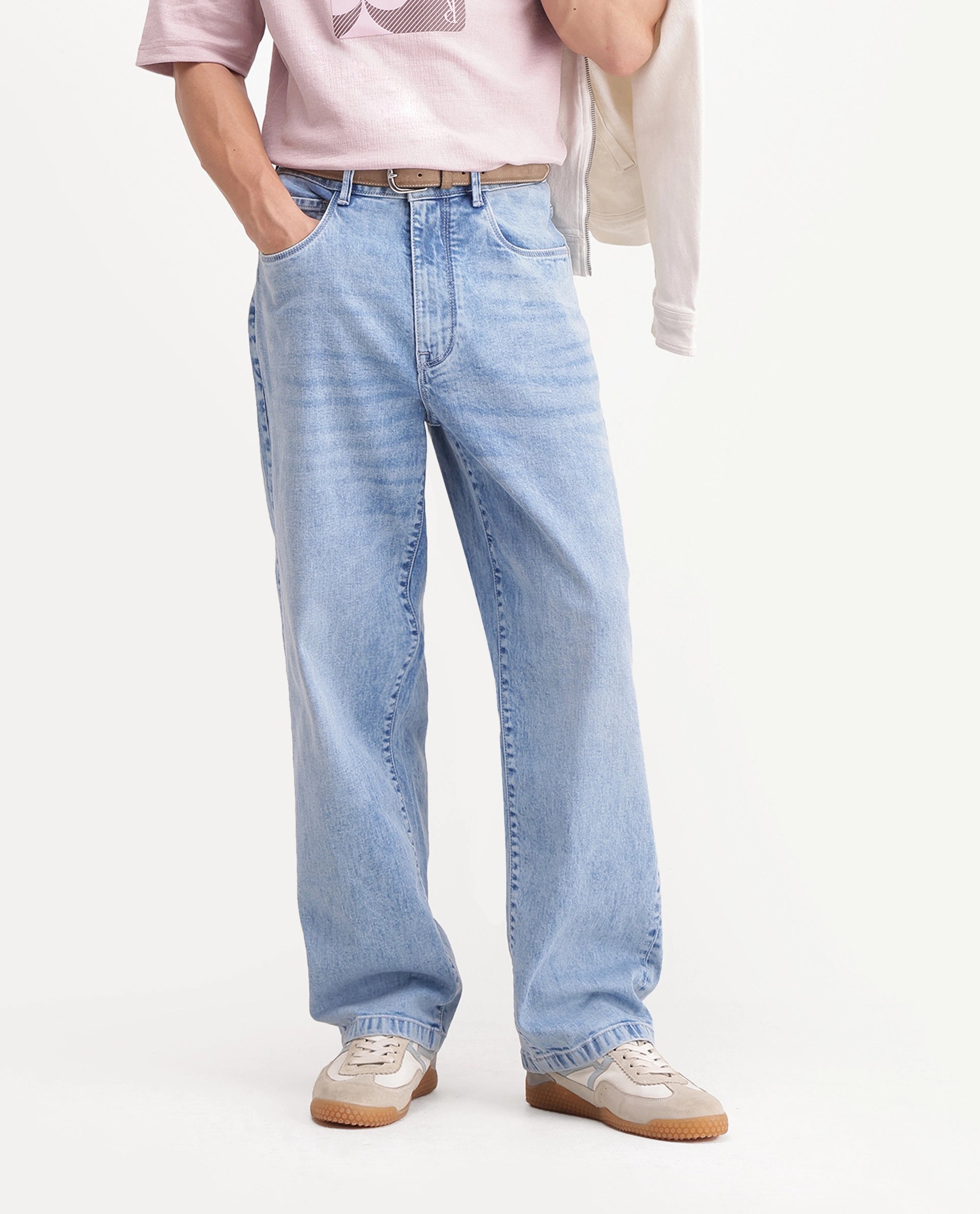 Rare Rabbit Men's Omir 26 Fluorescent Blue Cotton Blend Shank And Zipper Relaxed Straight Plain Jeans