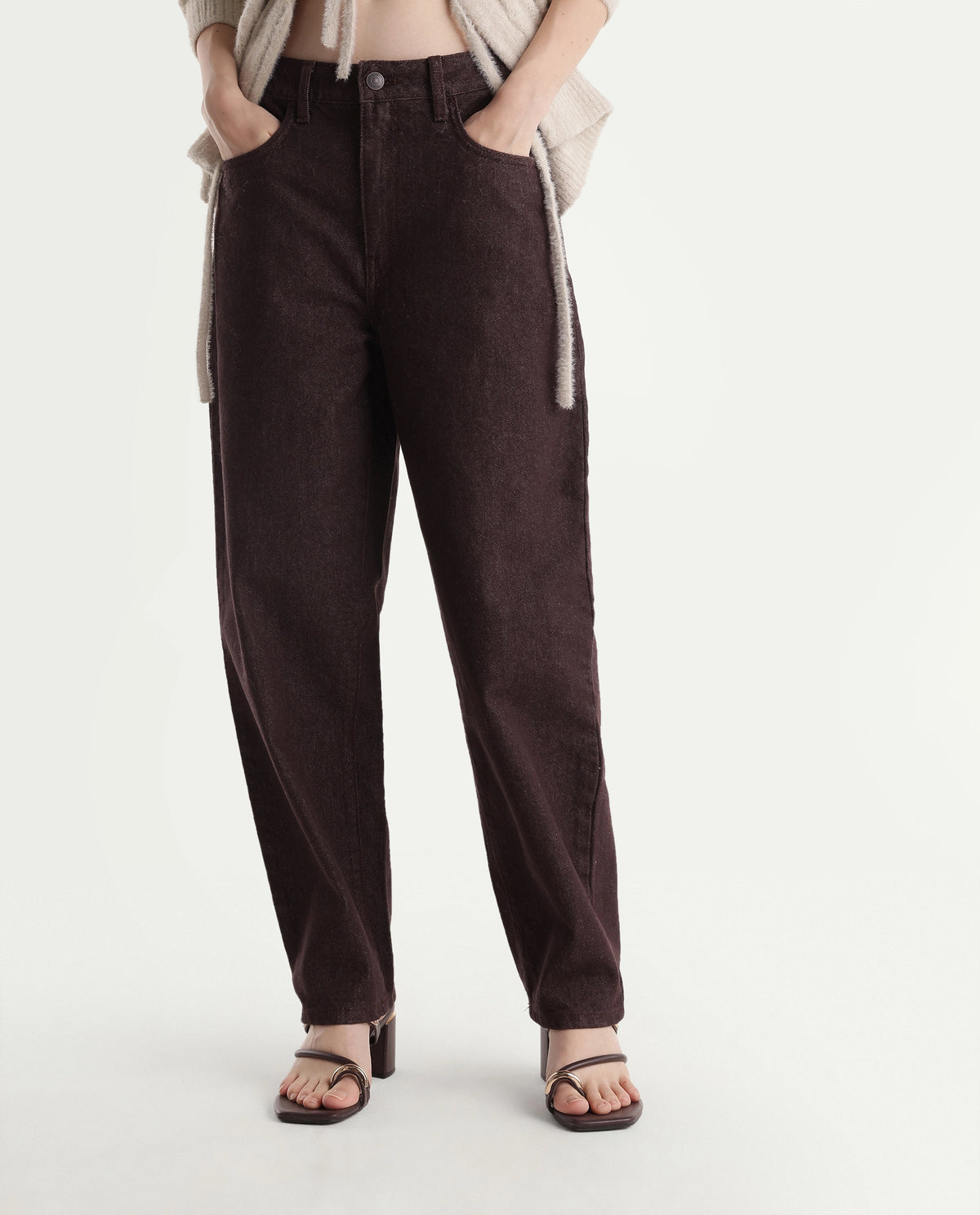 Rareism Women's Barol-6 Brown Cotton Shank And Zipper Ankle Barrel Plain Jeans - image 1
