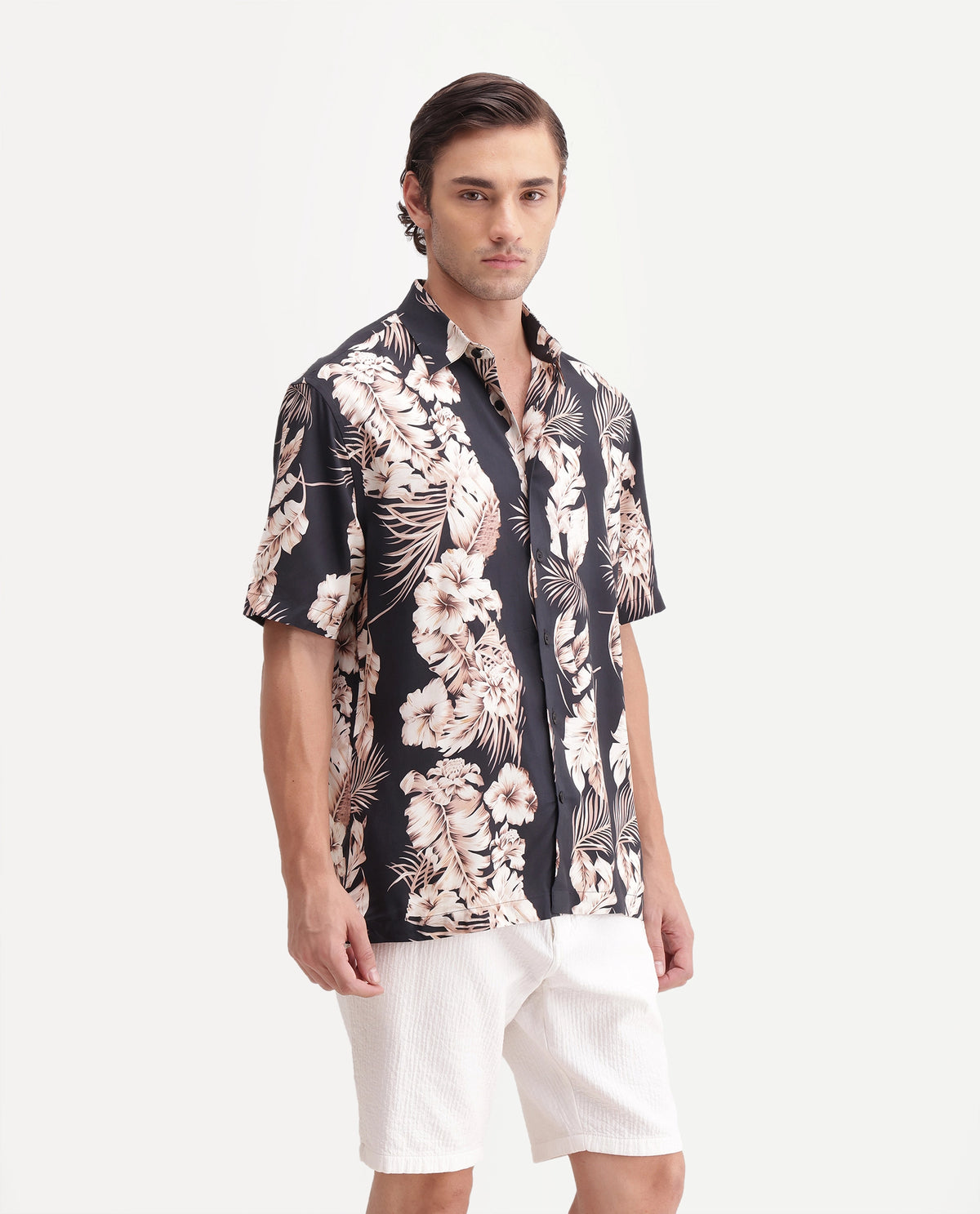 Rare Rabbit Men's Kaos Black Viscose Blend Spread Collar Button Regular Floral Print Shirt