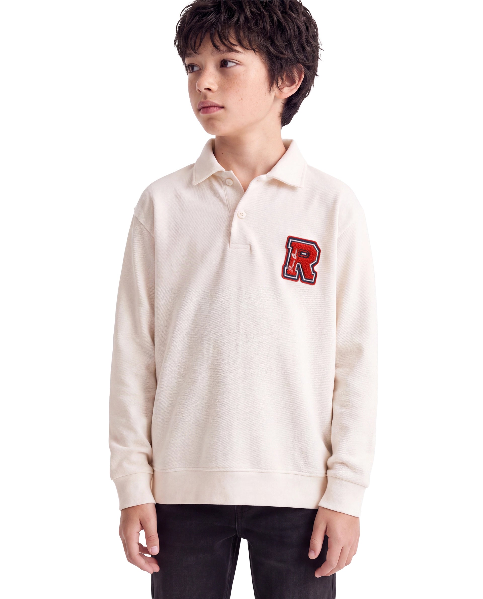 Rare Ones Kids Faris Off White Cotton Blend Fabric Spread Collar Button Closure Regular Fit Embroidered Polo