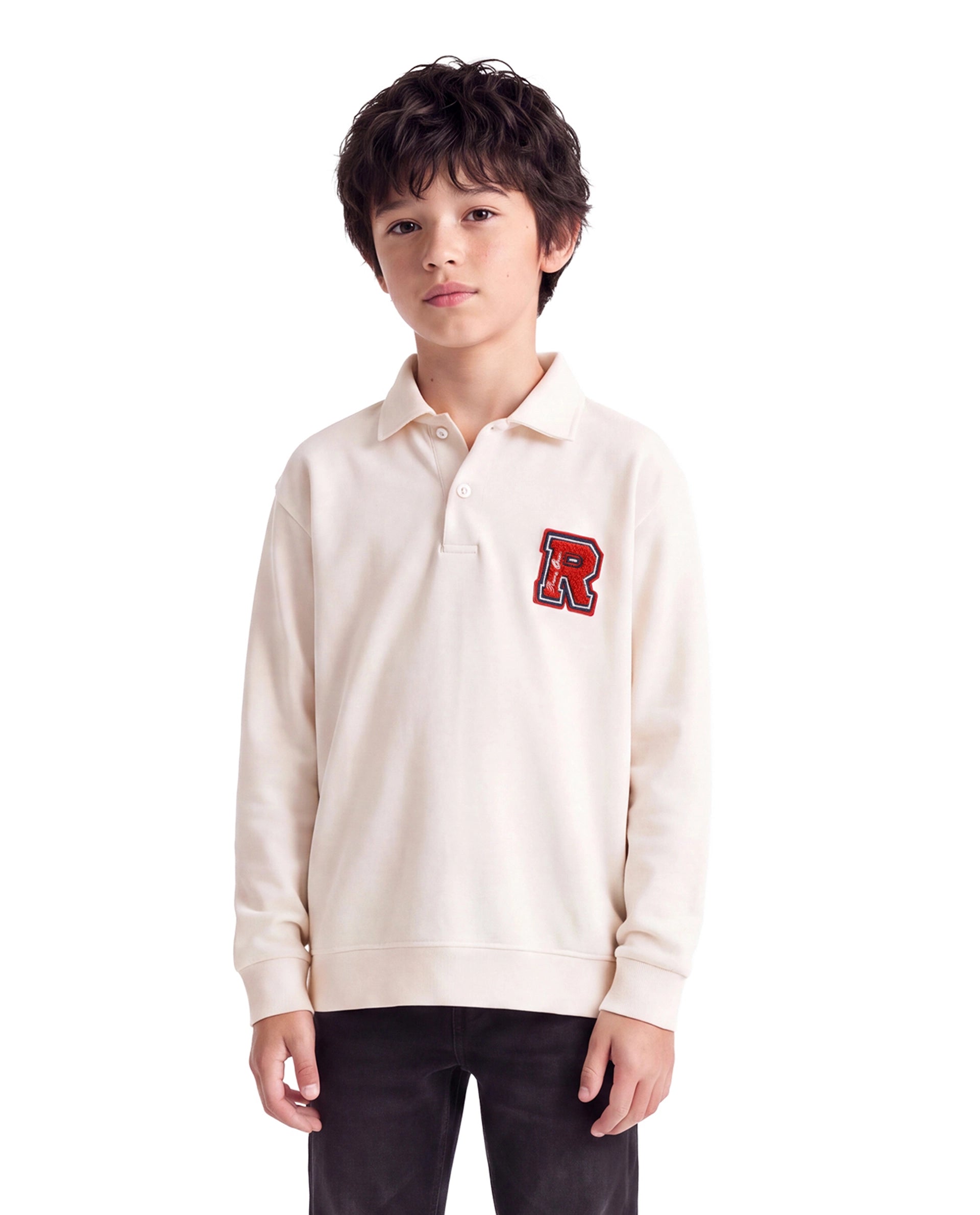 Rare Ones Kids Faris Off White Cotton Blend Fabric Spread Collar Button Closure Regular Fit Embroidered Polo