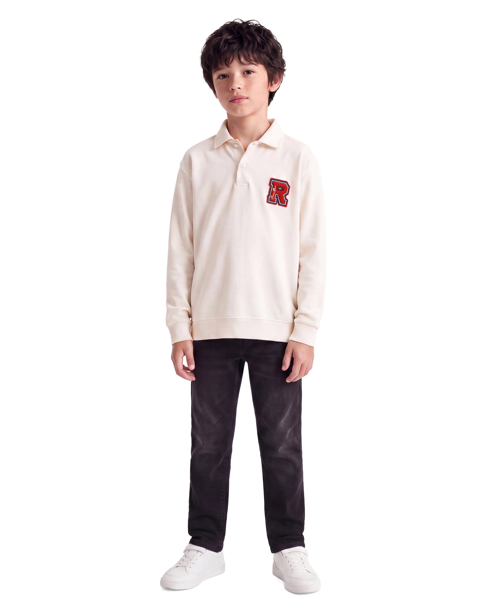 Rare Ones Kids Faris Off White Cotton Blend Fabric Spread Collar Button Closure Regular Fit Embroidered Polo