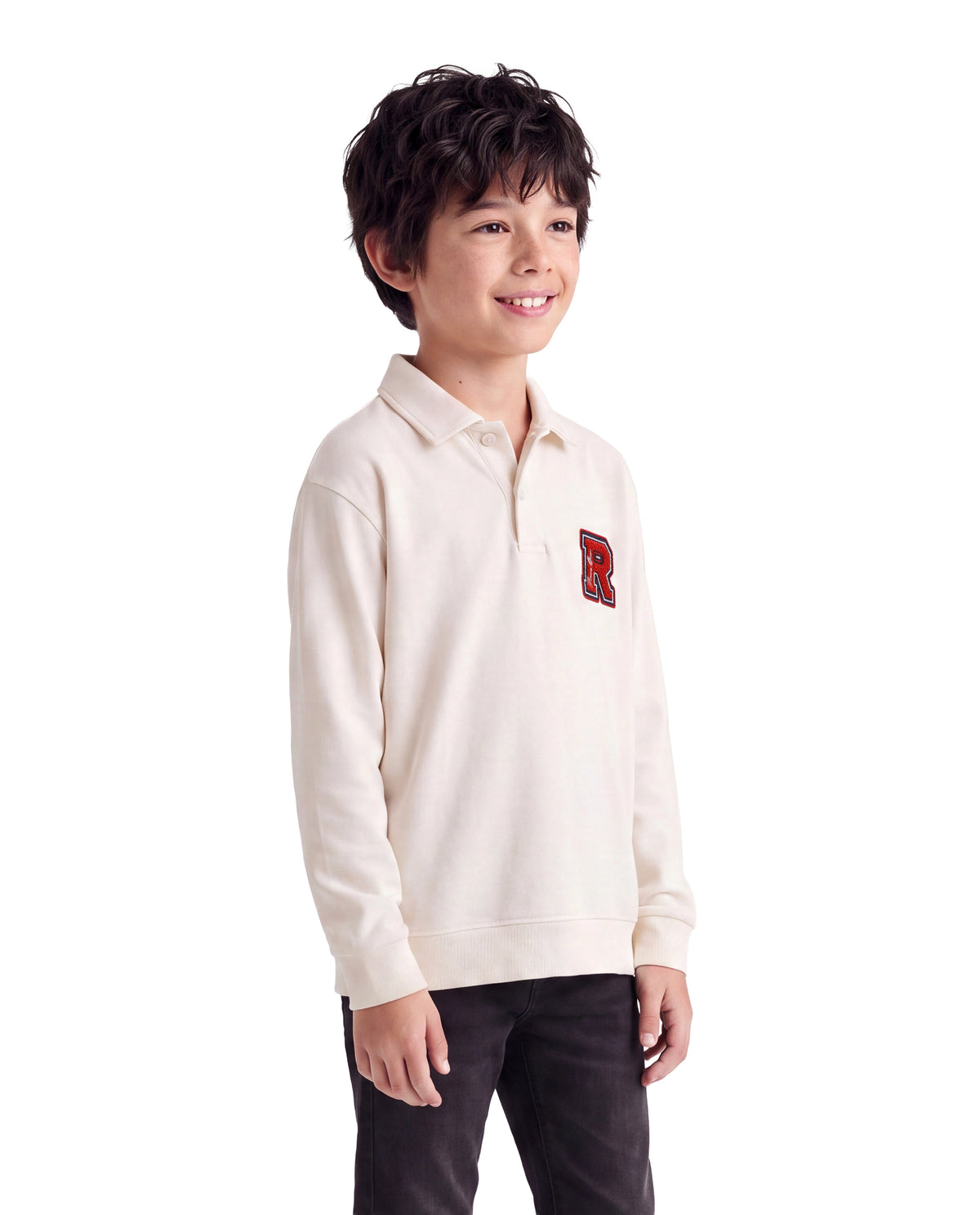Rare Ones Kids Faris Off White Cotton Blend Fabric Spread Collar Button Closure Regular Fit Embroidered Polo