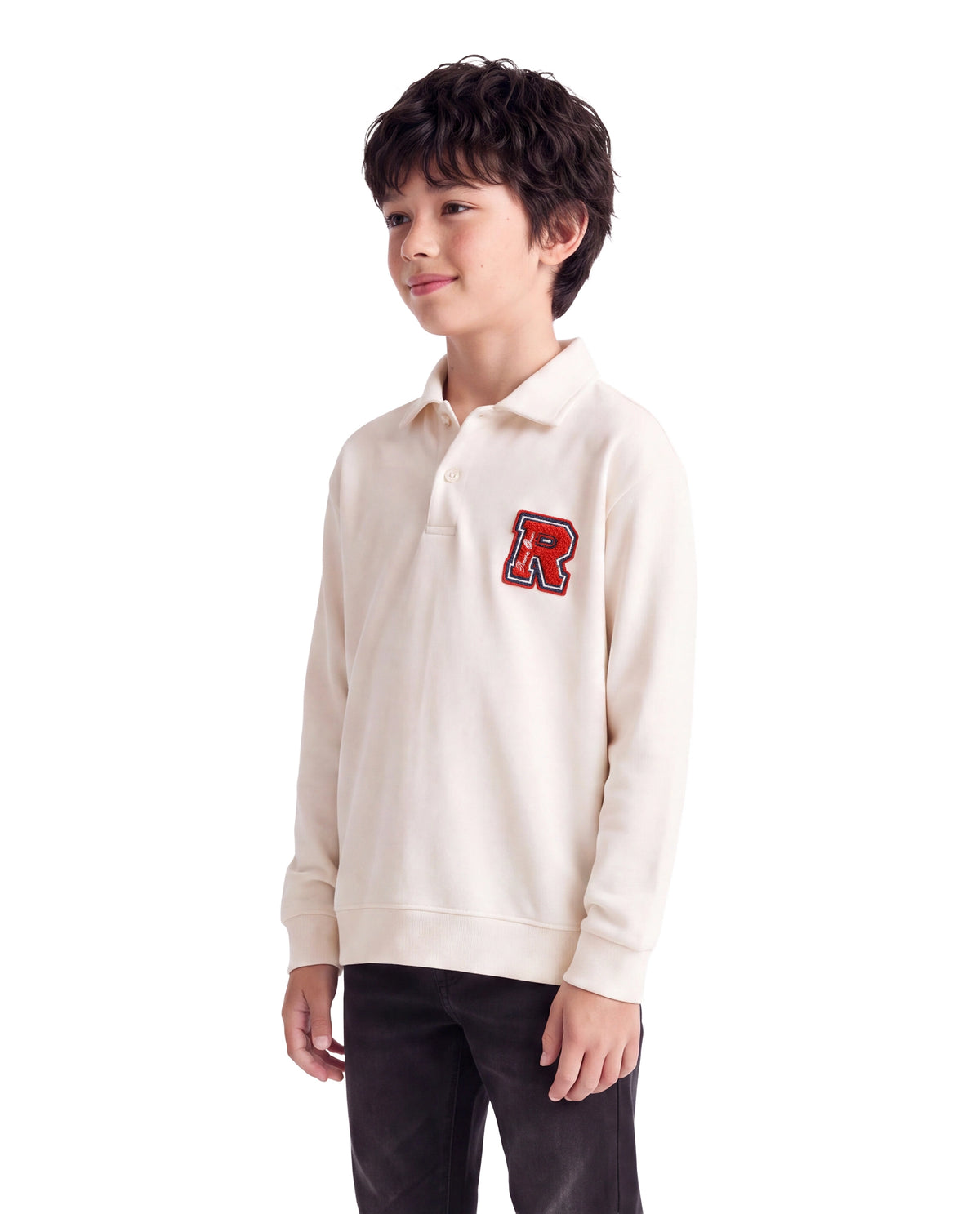 Rare Ones Kids Faris Off White Cotton Blend Fabric Spread Collar Button Closure Regular Fit Embroidered Polo