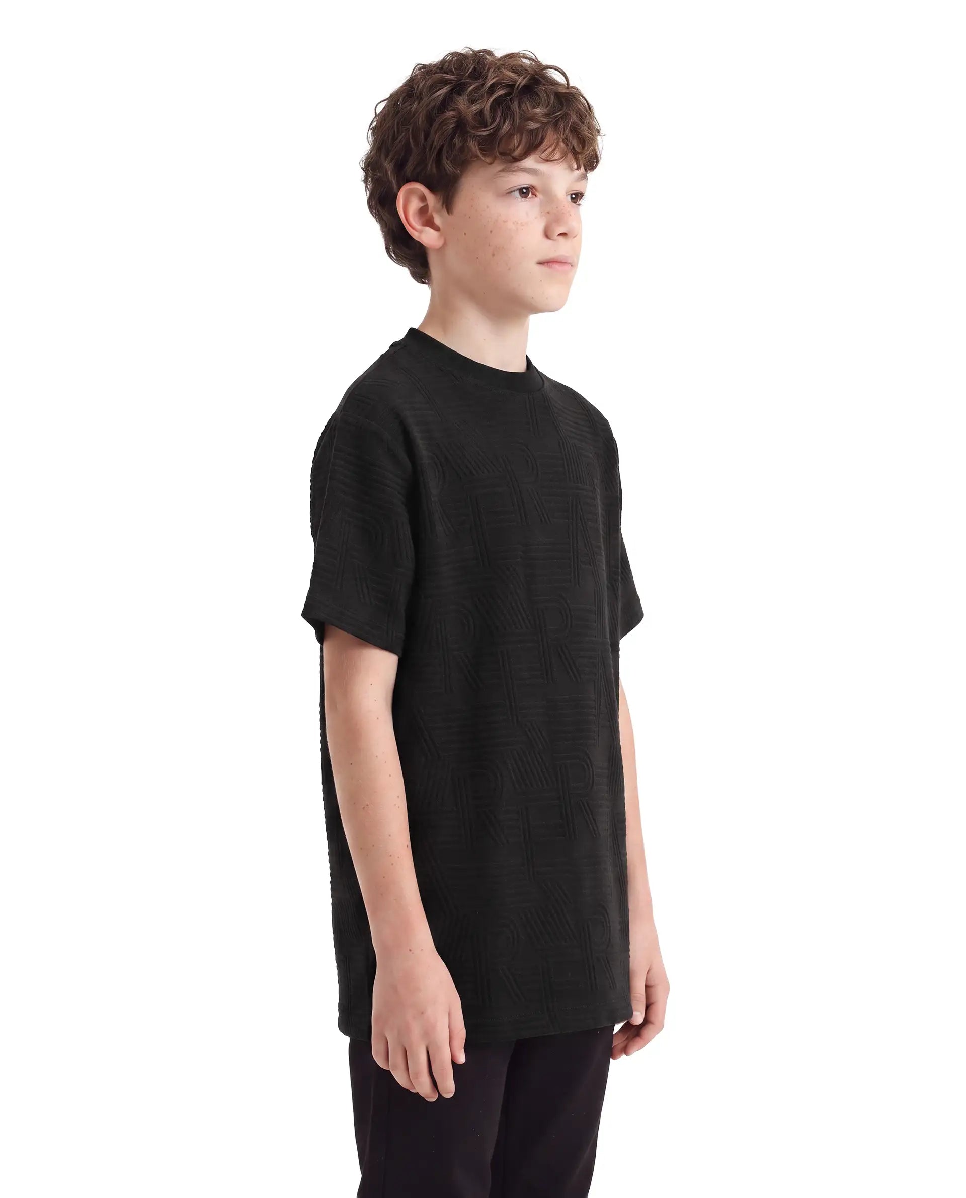 Rare Ones Kids Stom-26 Black Cotton Blend Fabric Crew Neck Pull-On Closure Regular Fit Jacquard T-Shirt