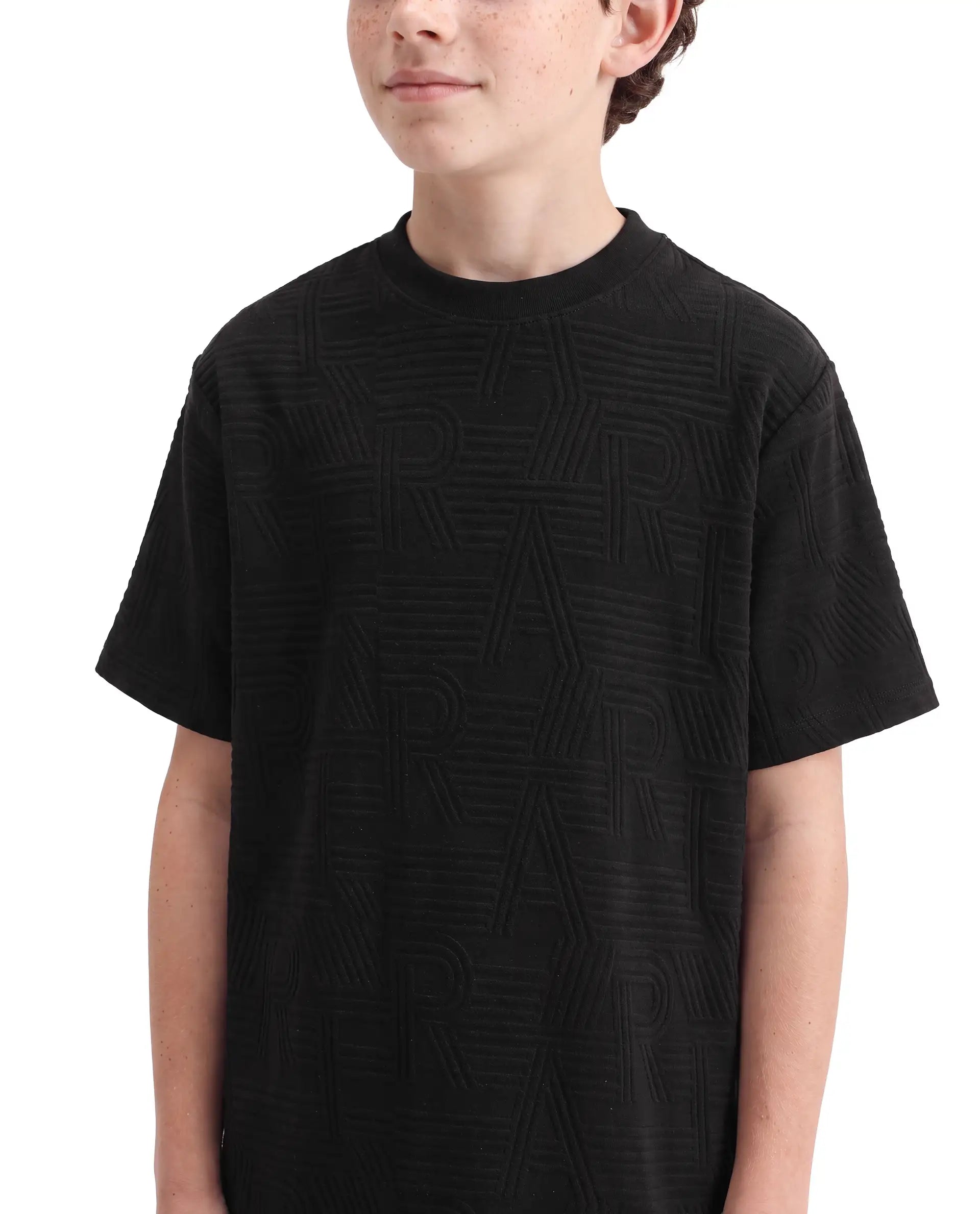 Rare Ones Kids Stom-26 Black Cotton Blend Fabric Crew Neck Pull-On Closure Regular Fit Jacquard T-Shirt