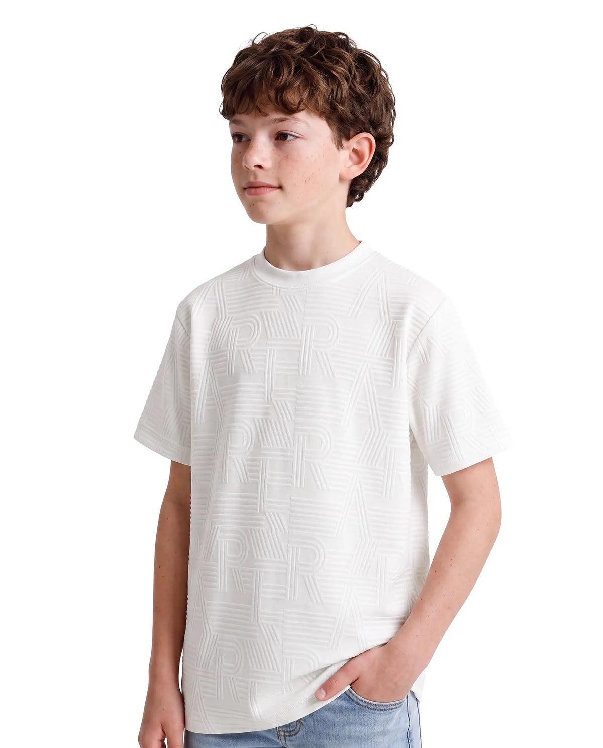 Rare Ones Kids Stom-26 White Cotton Blend Fabric Crew Neck Pull-On Closure Regular Fit Jacquard T-Shirt