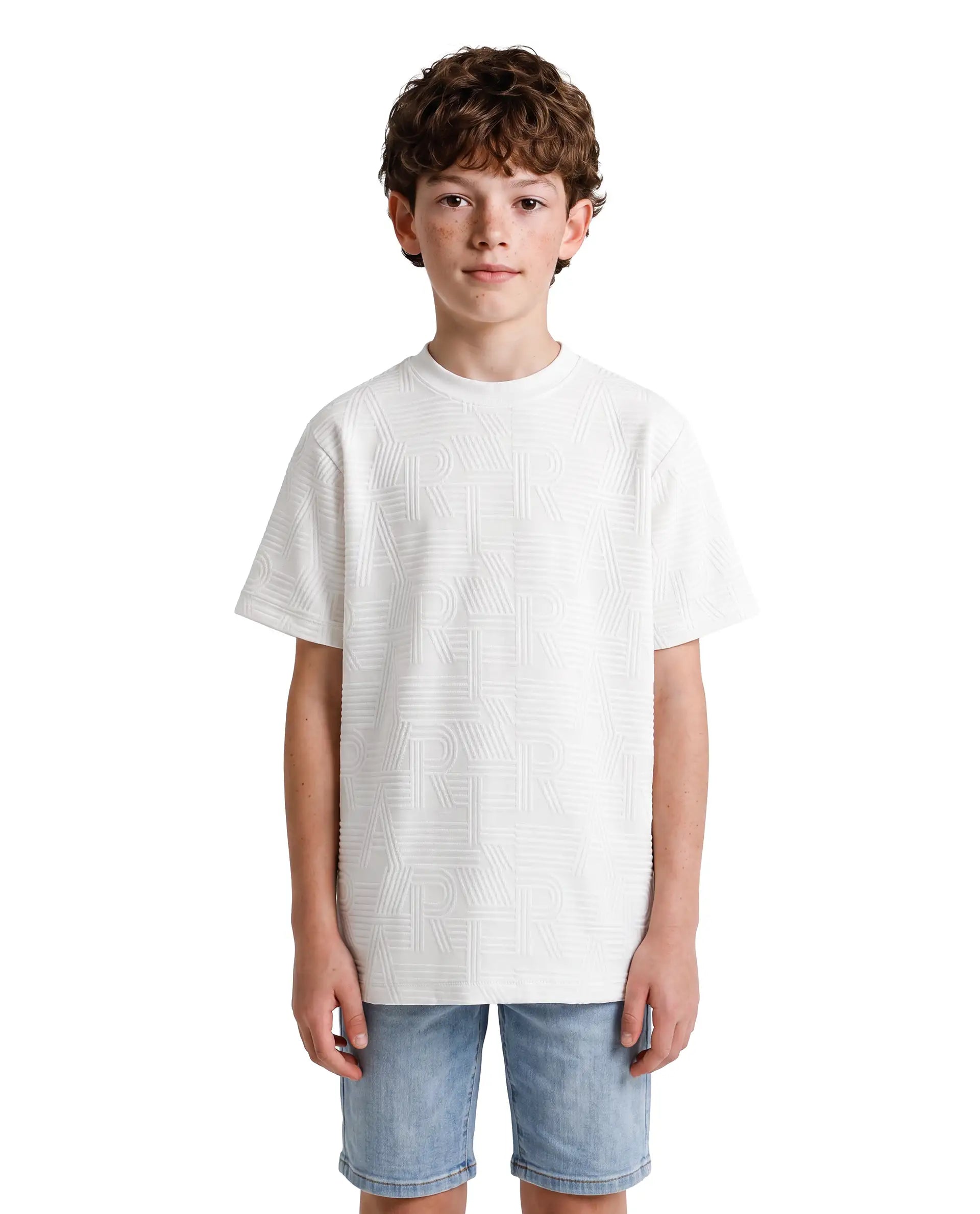 Rare Ones Kids Stom-26 White Cotton Blend Fabric Crew Neck Pull-On Closure Regular Fit Jacquard T-Shirt