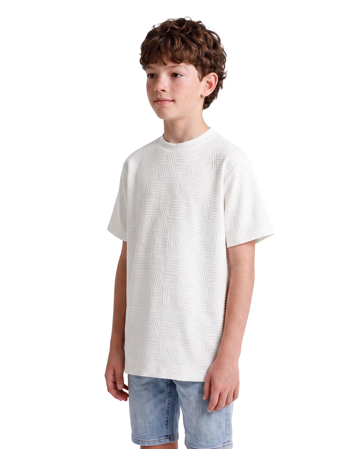 Rare Ones Kids Stom-26 White Cotton Blend Fabric Crew Neck Pull-On Closure Regular Fit Jacquard T-Shirt