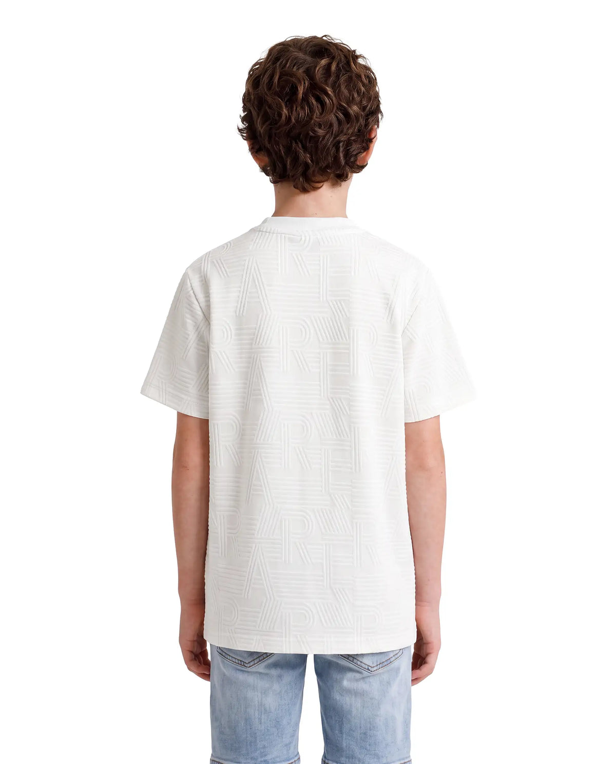 Rare Ones Kids Stom-26 White Cotton Blend Fabric Crew Neck Pull-On Closure Regular Fit Jacquard T-Shirt