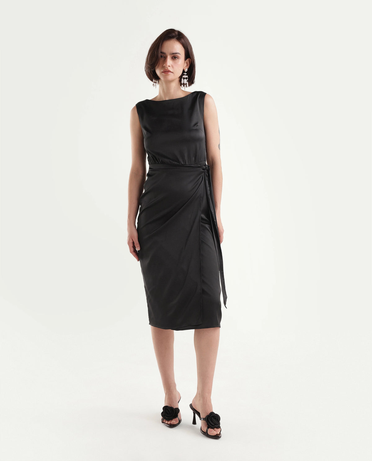 Rareism Women's Onprap Dark Black Polyester Blend Button And Zip Wrap Plain Dress - image 2