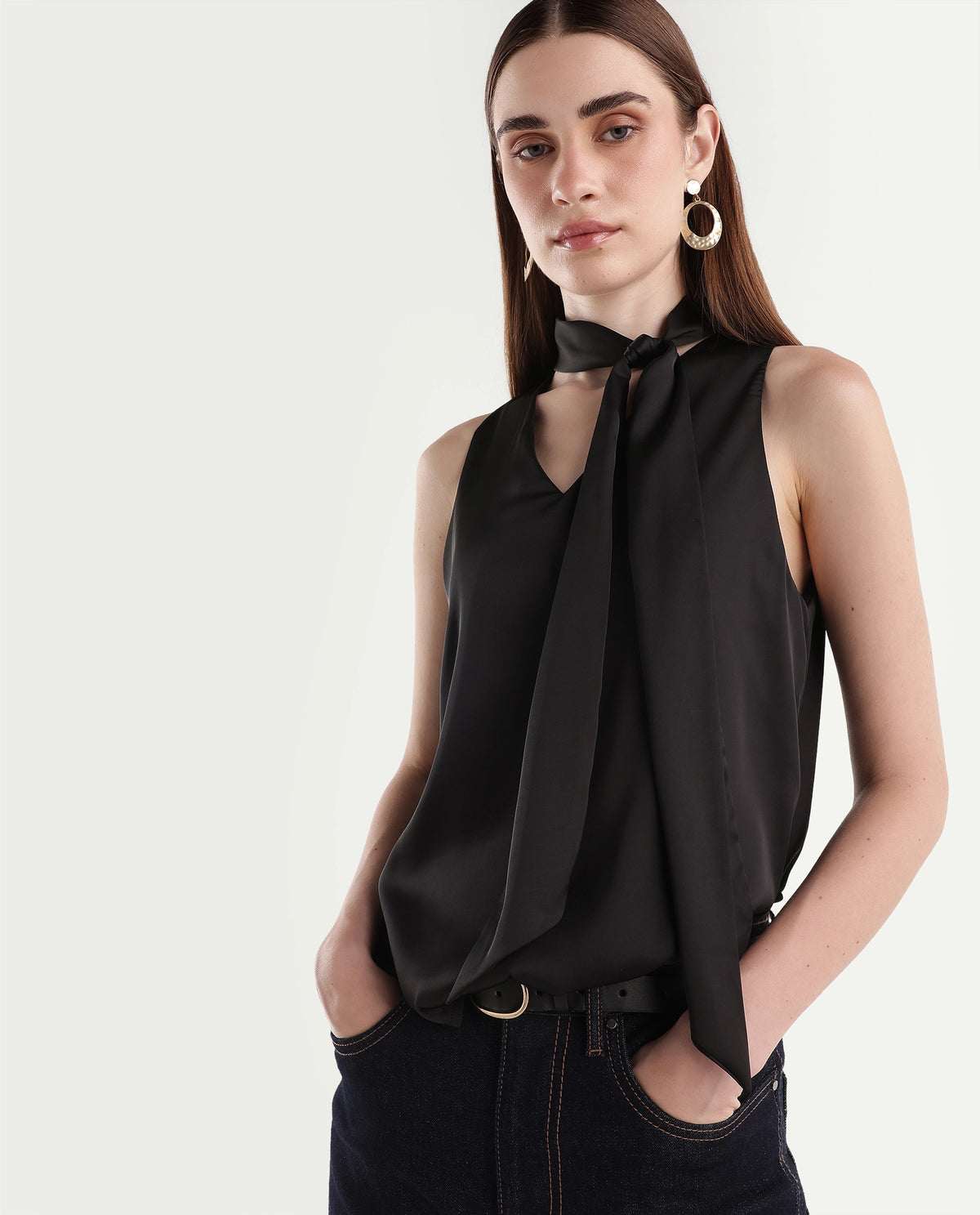 Rareism Women's Onpog Dark Black Polyester V-Neck Regular Fit Plain Top - image 1