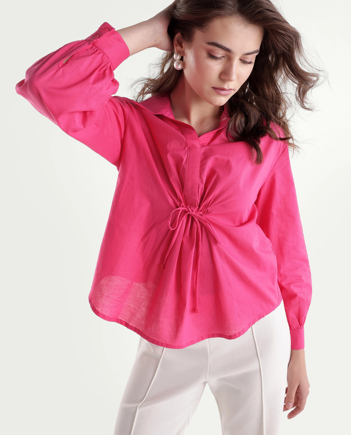 Rareism Women's Somhurs Mid Pink Cotton Spread Collar Pull-On Relaxed Plain Top