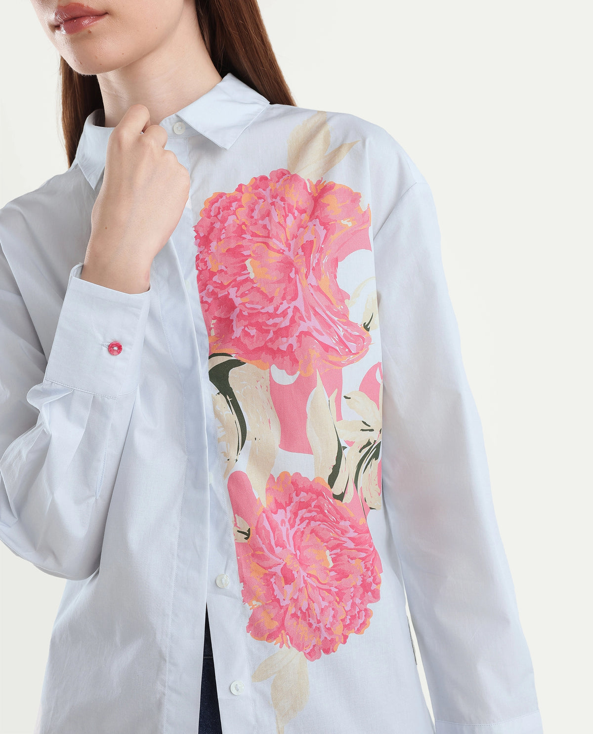 Rareism Women's Ceredis Light Blue Cotton Spread Collar Button Regular Floral Print Shirt - image 3