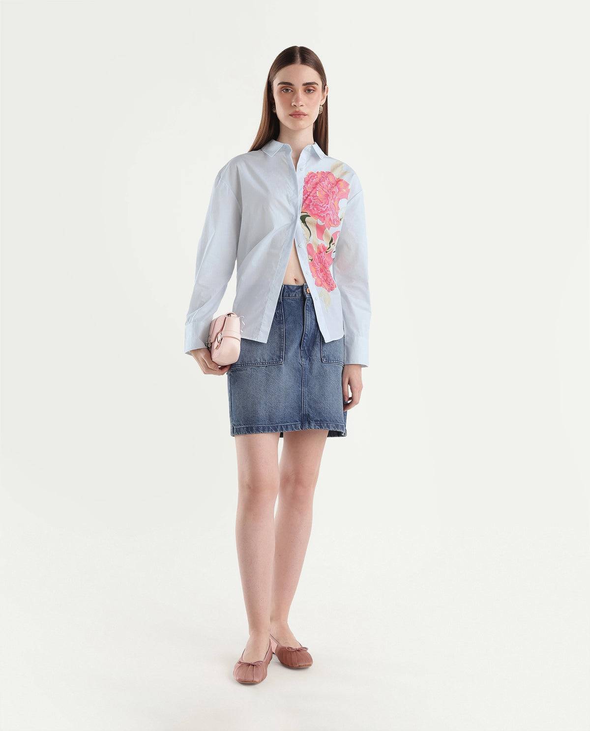 Rareism Women's Ceredis Light Blue Cotton Spread Collar Button Regular Floral Print Shirt - image 2