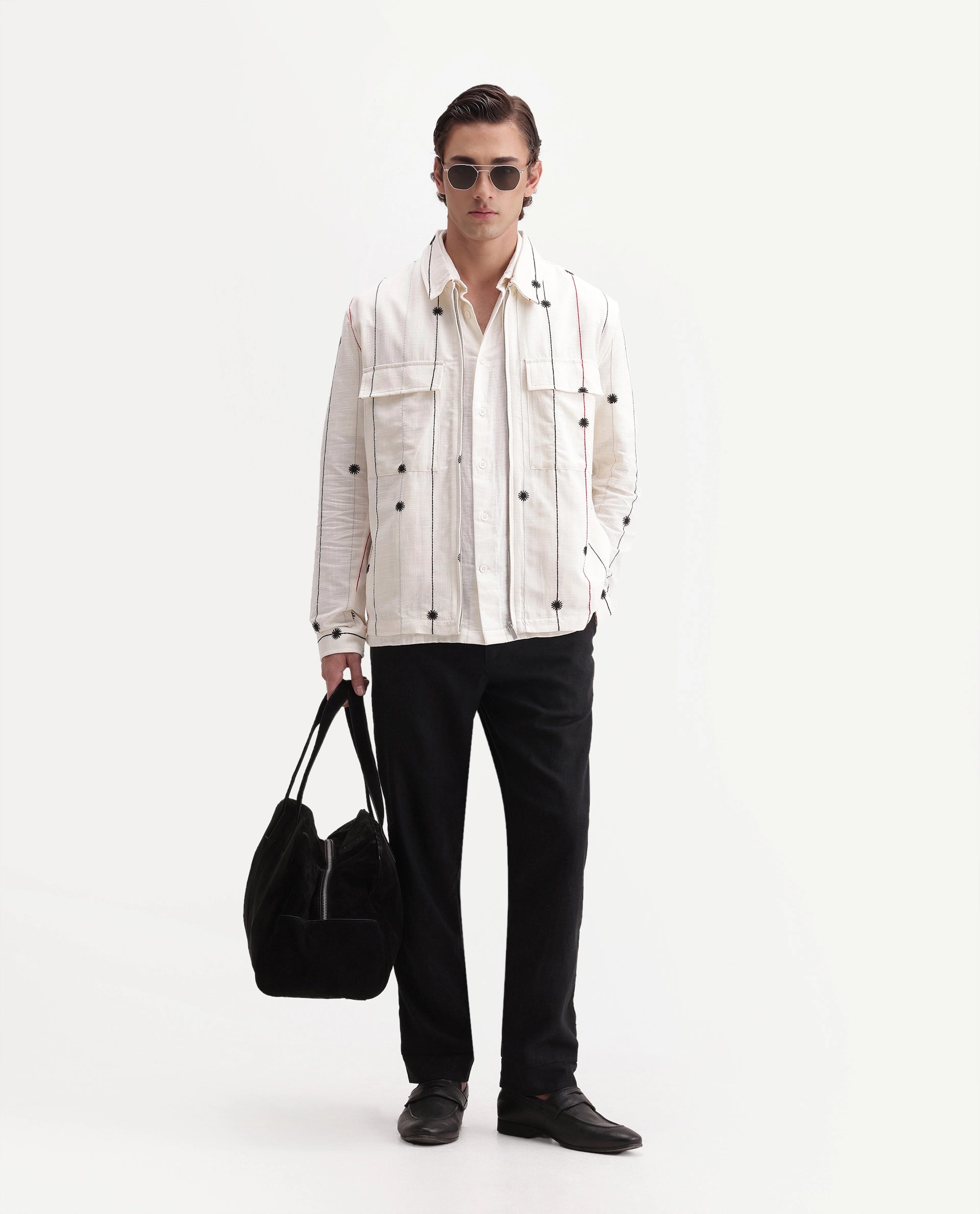 Rare Rabbit Men's Pion Off White Cotton Blend Spread Collar Button Regular Embroidered Shacket