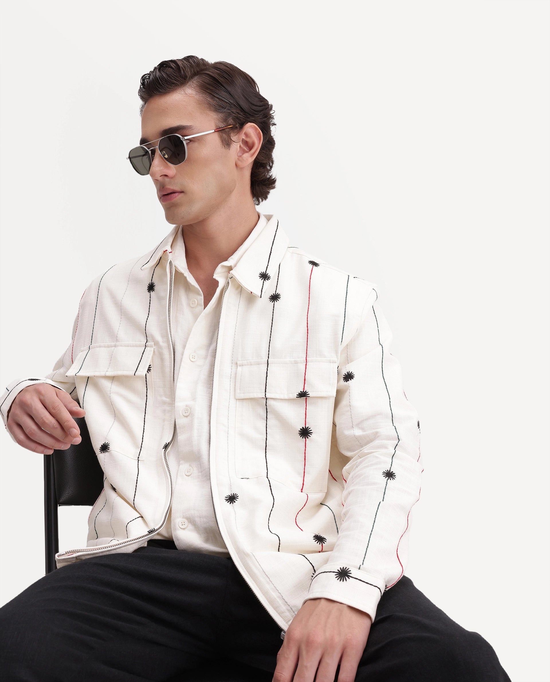 Rare Rabbit Men's Pion Off White Cotton Blend Spread Collar Button Regular Embroidered Shacket