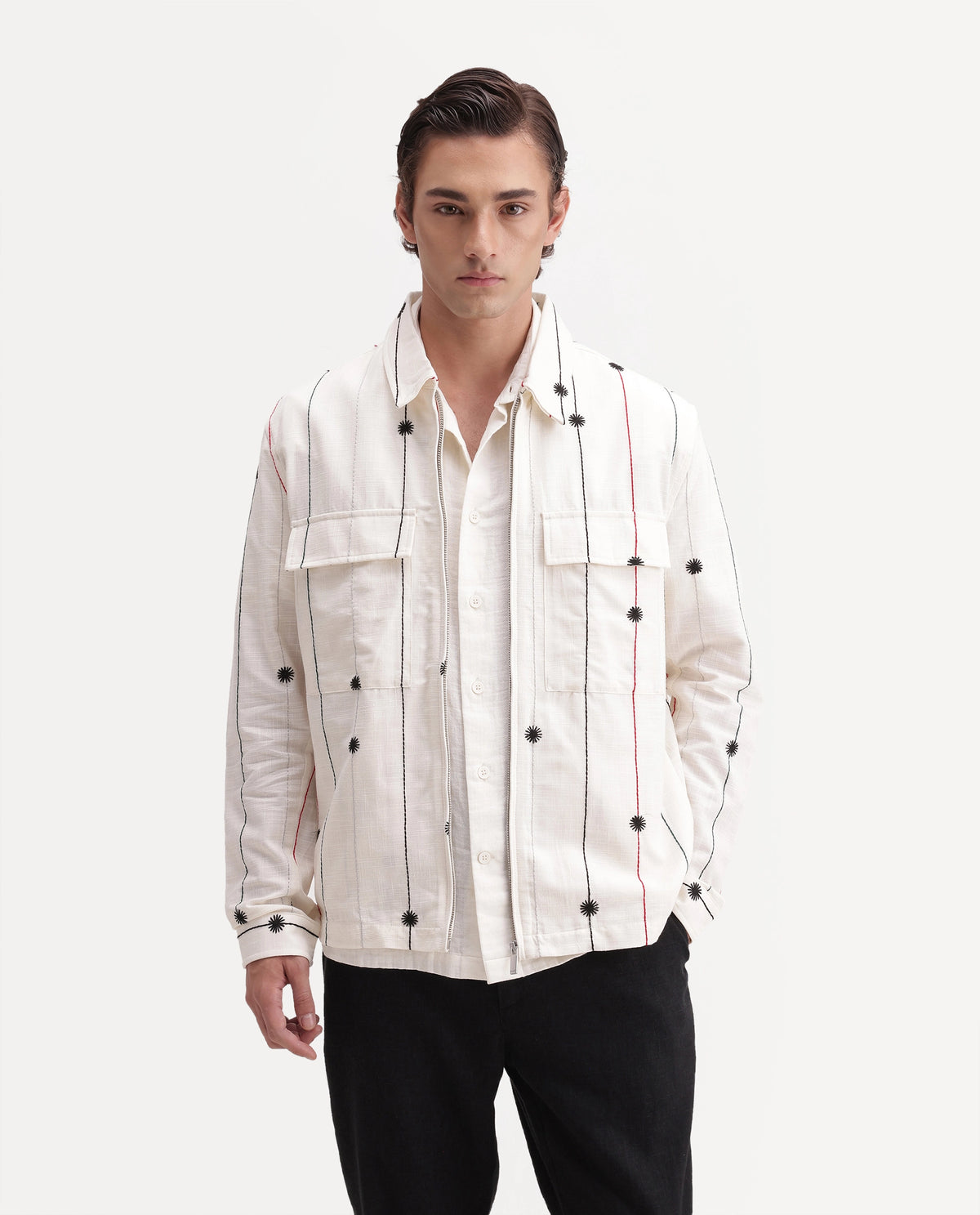 Rare Rabbit Men's Pion Off White Cotton Blend Spread Collar Button Regular Embroidered Shacket
