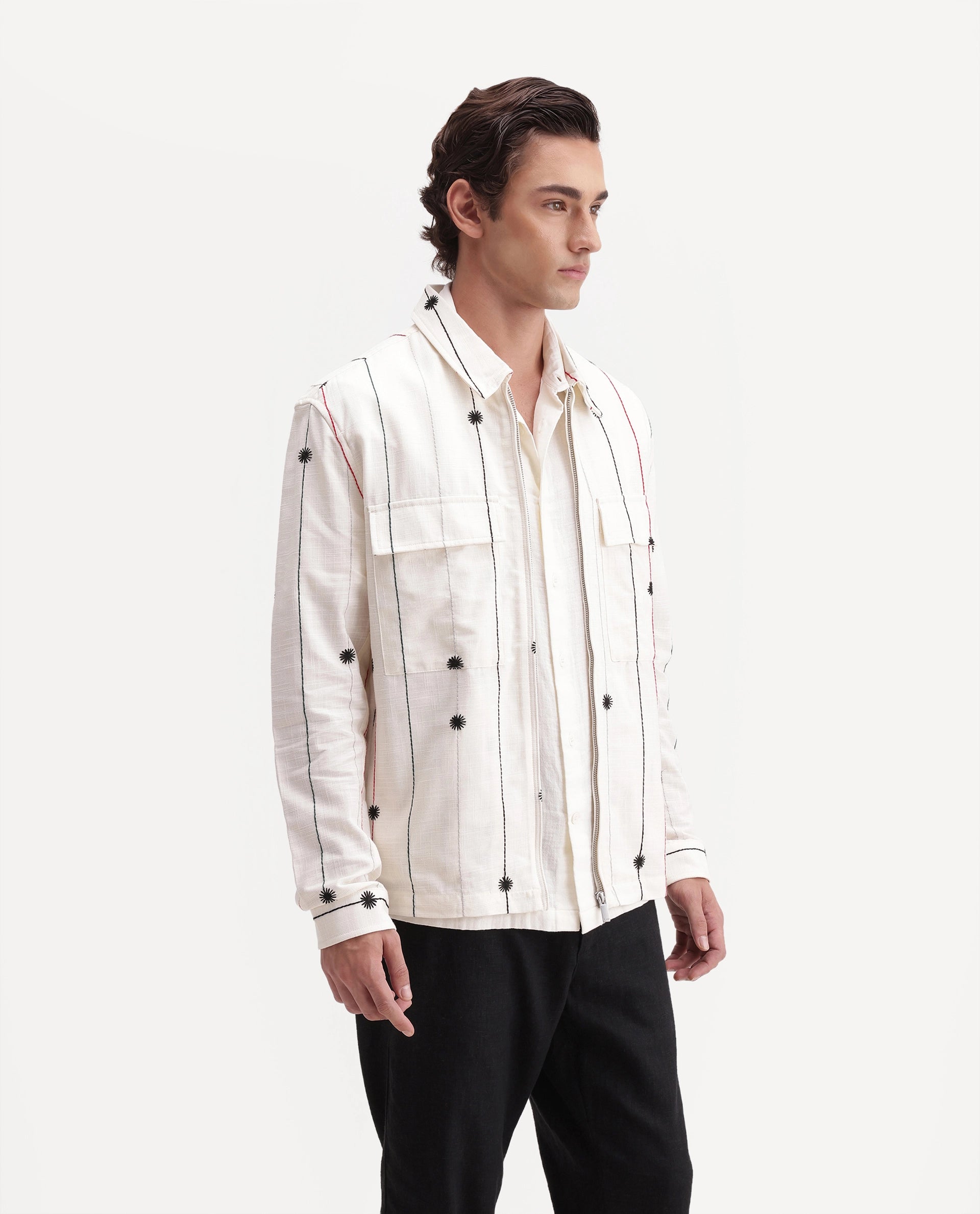 Rare Rabbit Men's Pion Off White Cotton Blend Spread Collar Button Regular Embroidered Shacket