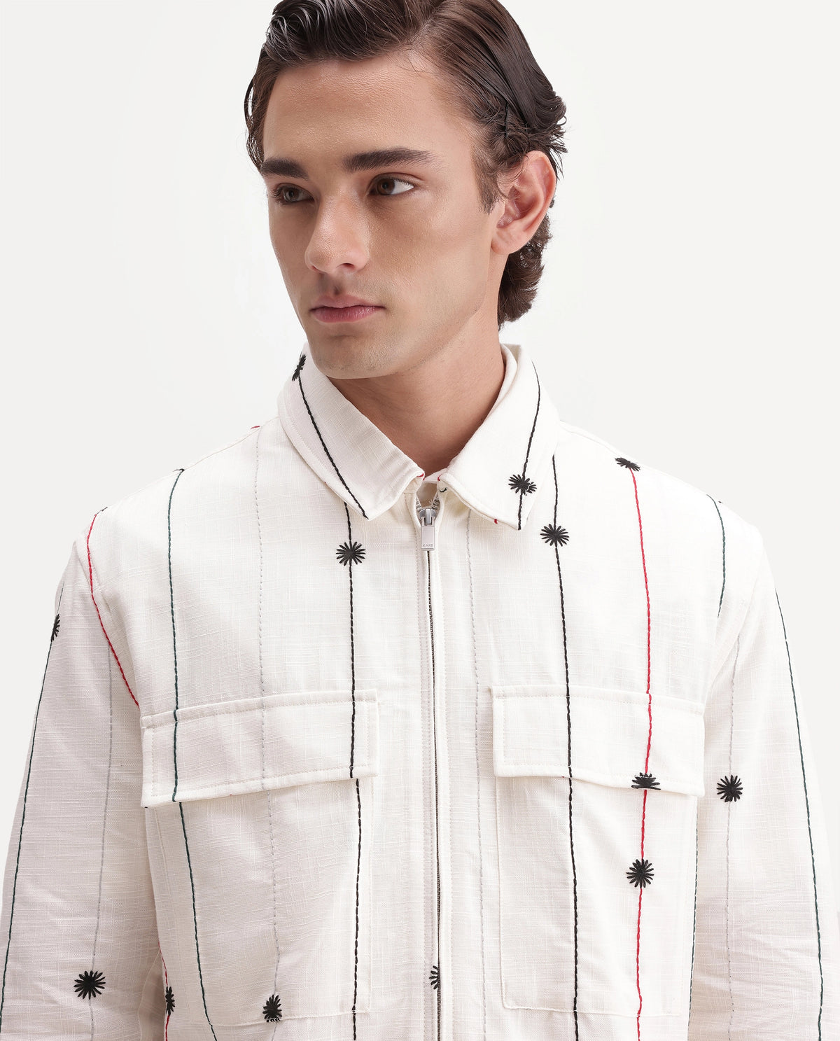 Rare Rabbit Men's Pion Off White Cotton Blend Spread Collar Button Regular Embroidered Shacket
