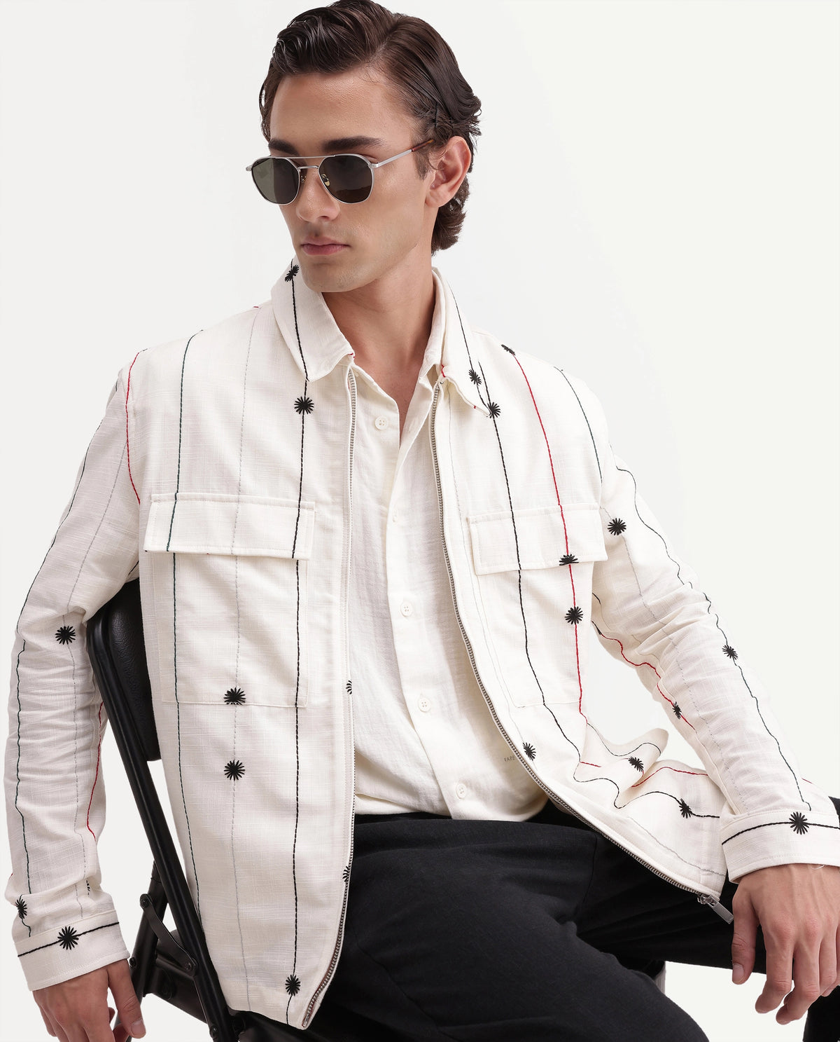 Rare Rabbit Men's Pion Off White Cotton Blend Spread Collar Button Regular Embroidered Shacket