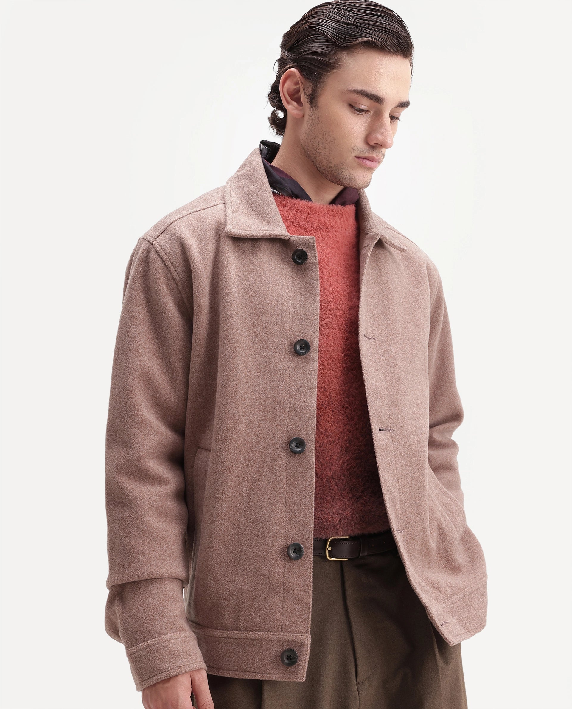 Rare Rabbit Men's Kizo Dusky Purple Polyester Blend Spread Collar Button Regular Plain Jacket