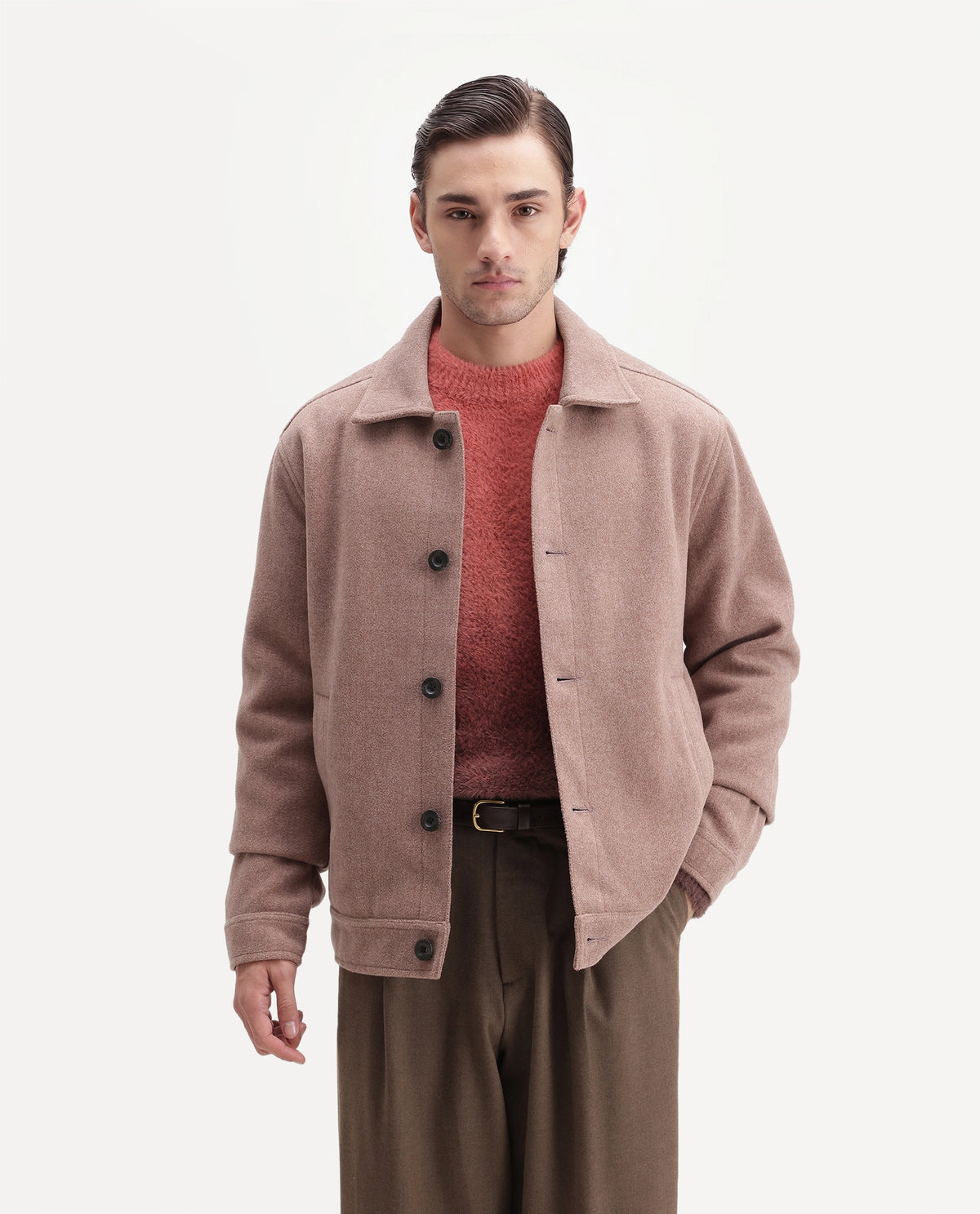 Rare Rabbit Men's Kizo Dusky Purple Polyester Blend Spread Collar Button Regular Plain Jacket