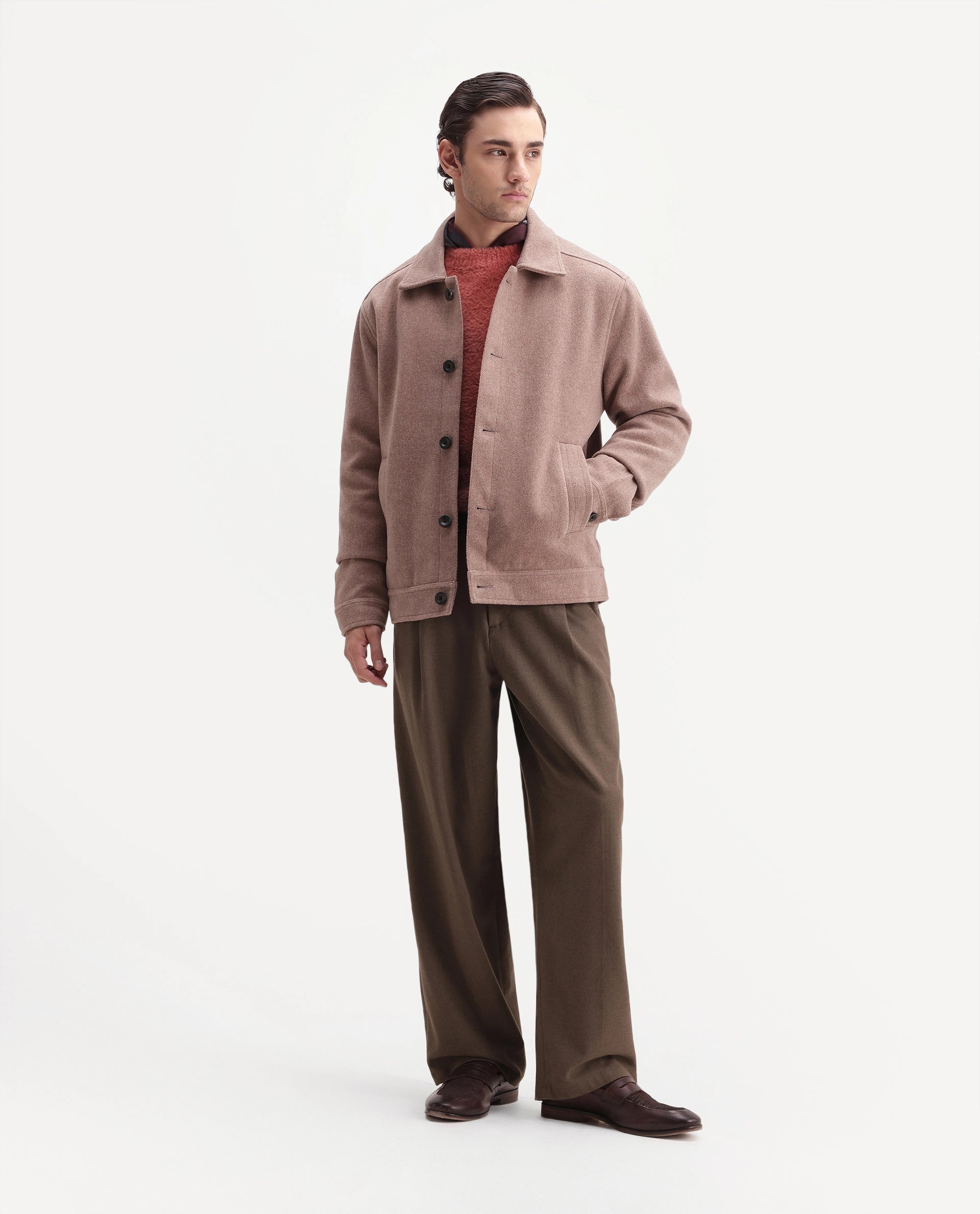 Rare Rabbit Men's Kizo Dusky Purple Polyester Blend Spread Collar Button Regular Plain Jacket